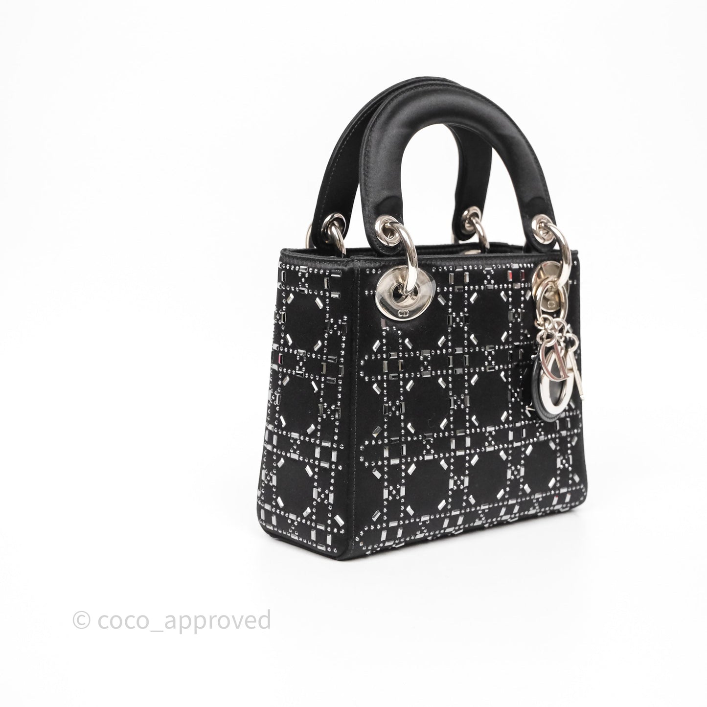 Christian Dior Mini Lady Dior Bag Black Strass Cannage Satin Silver Hardware