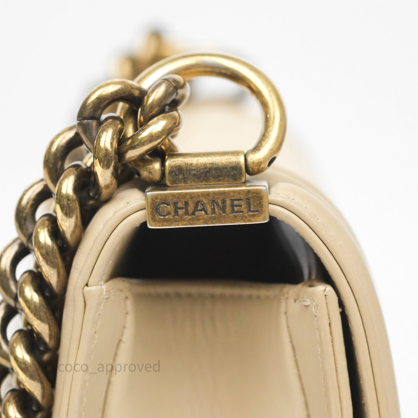 Chanel Small Boy Stingray Beige Antique Gold Hardware