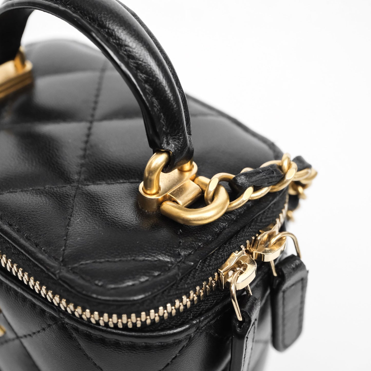 Chanel Mini Top Handle Vanity With Chain Black Lambskin Aged Gold Hardware