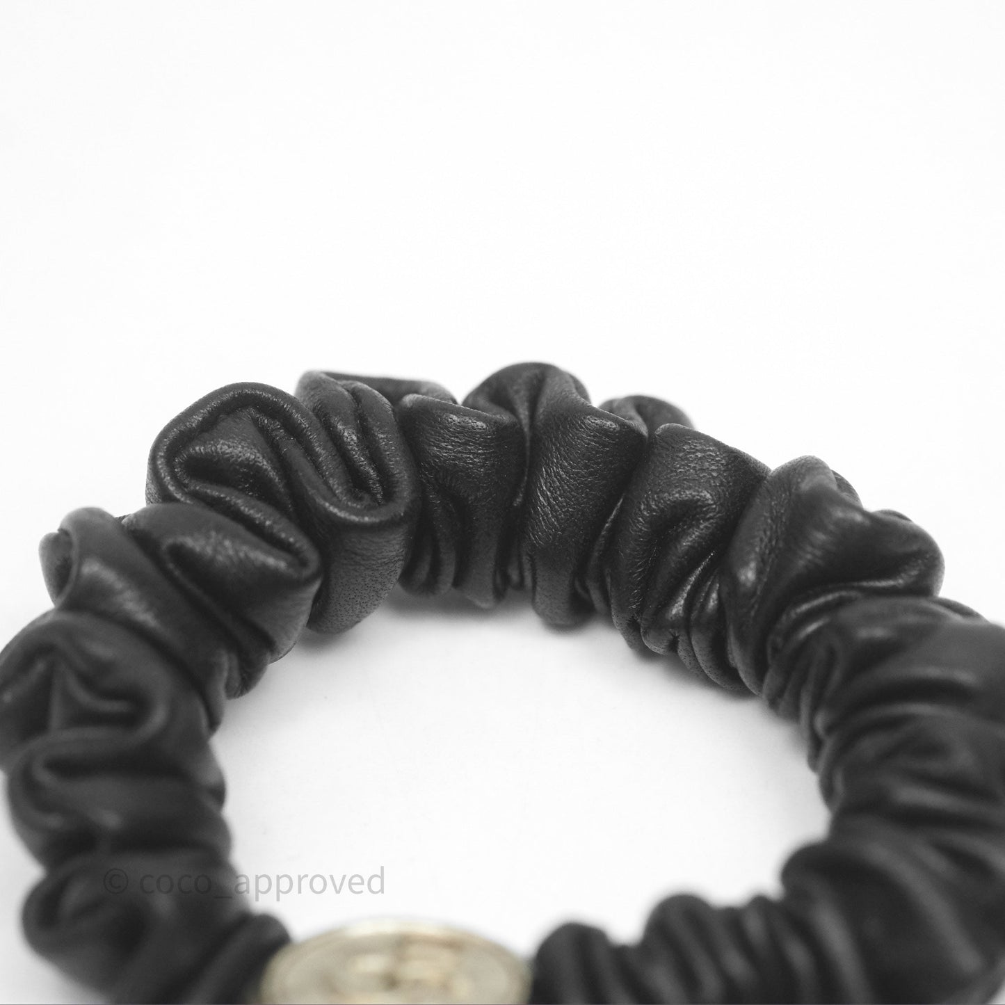 Chanel CC Black Leather Scrunchie Hair Accessory Gold Tone 22P