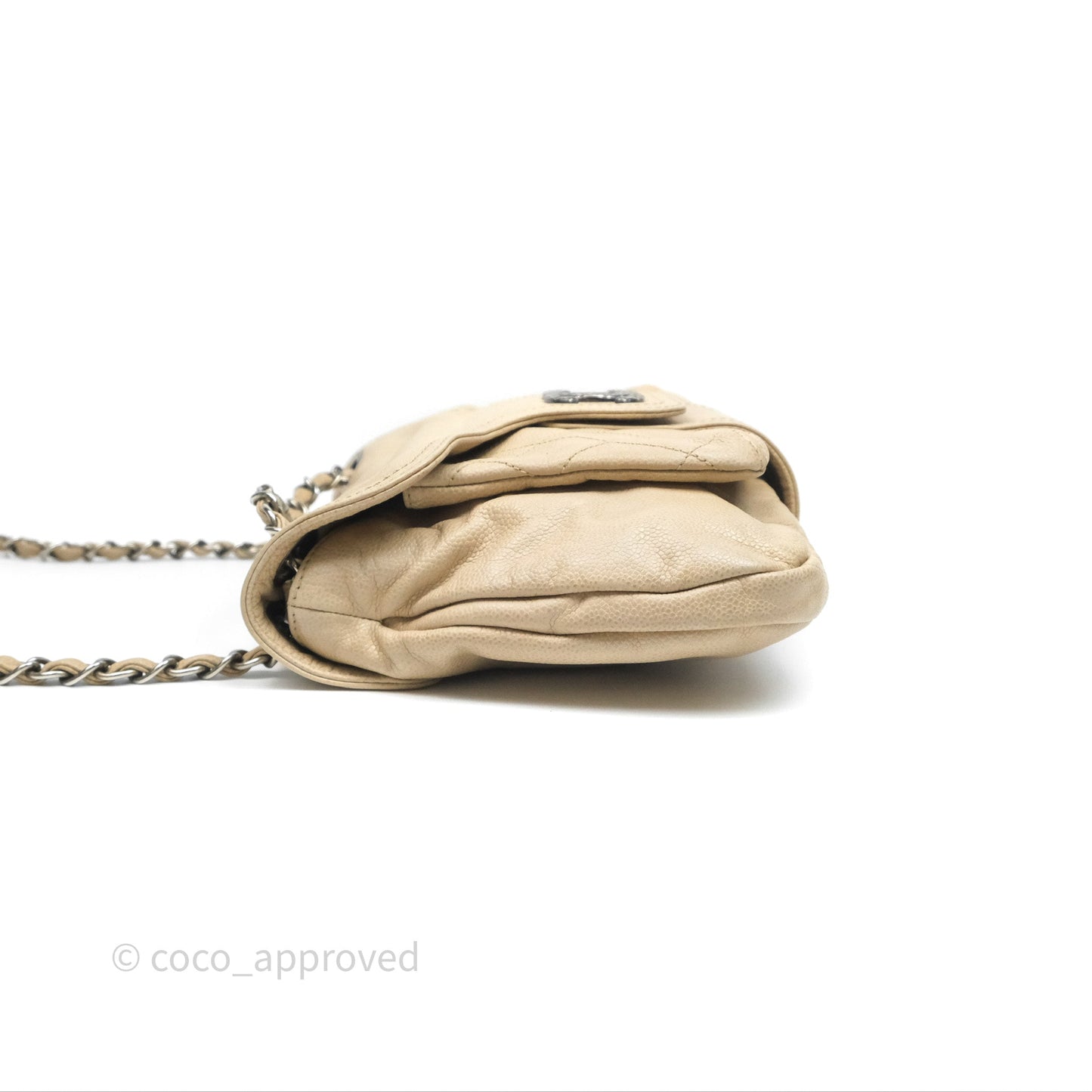 Chanel Quilted Coco Rider Hobo Bag Beige Caviar Ruthenium Hardware