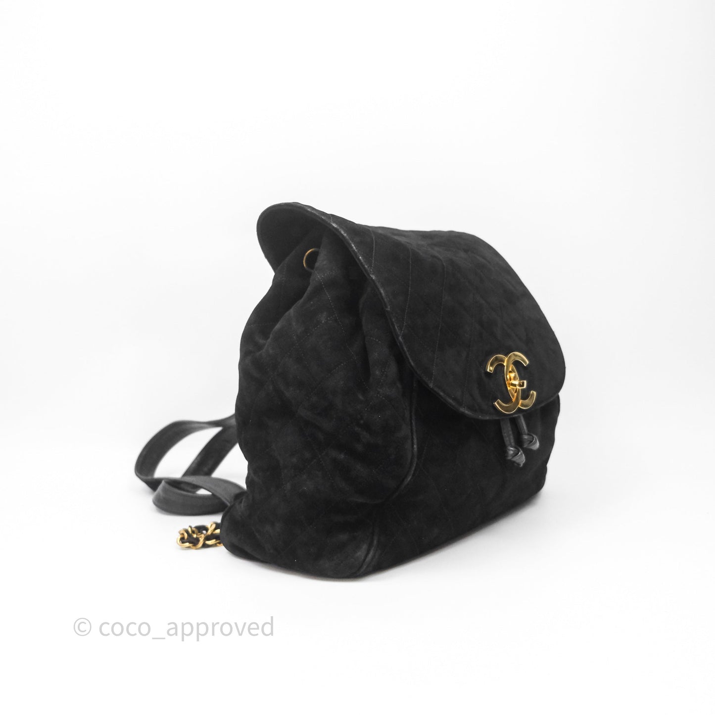 Chanel Vintage Quilted Suede CC Backpack Black Gold Hardware