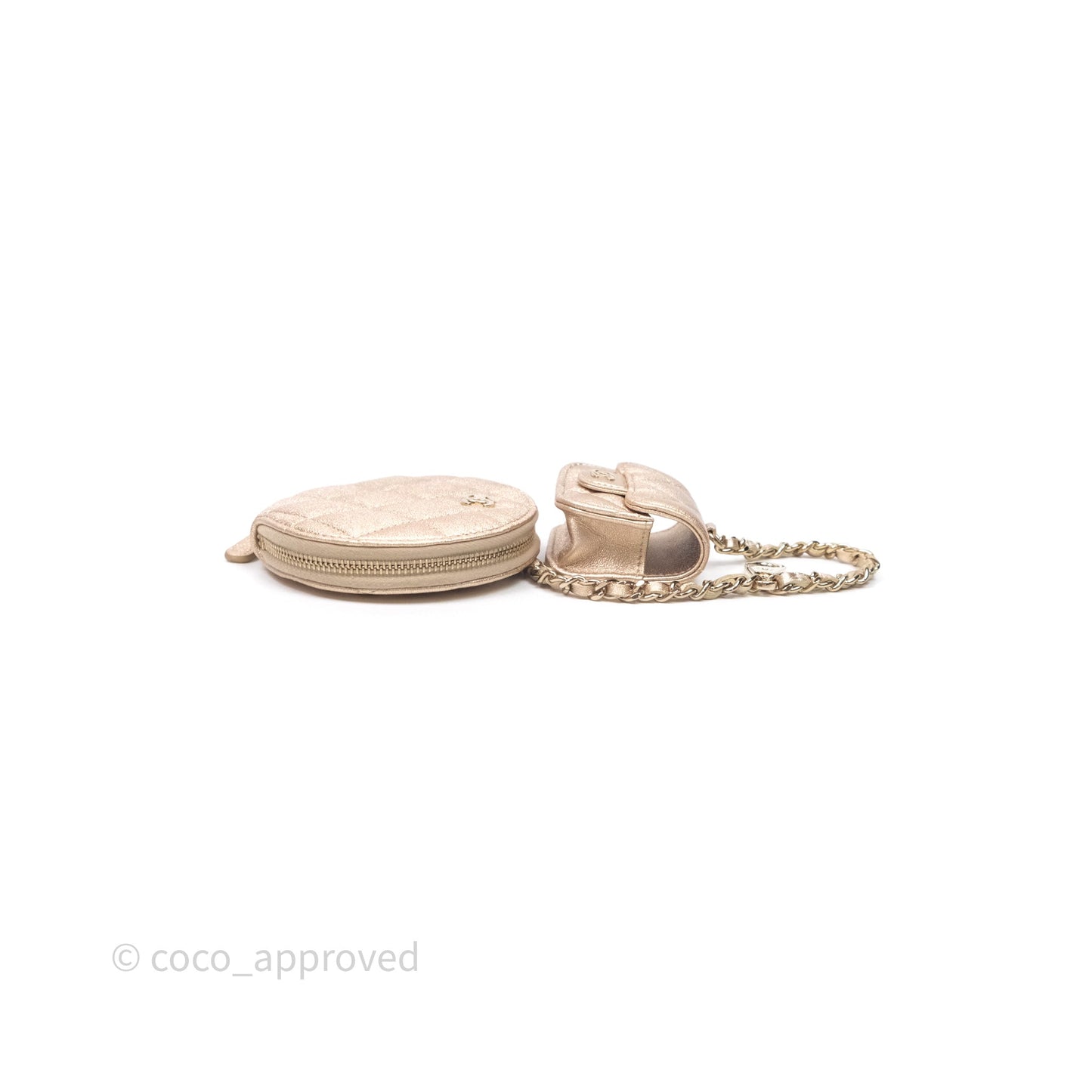 Chanel Quilted Round Coin Purse With Airpods Case Lambskin Metallic Gold Gold Hardware