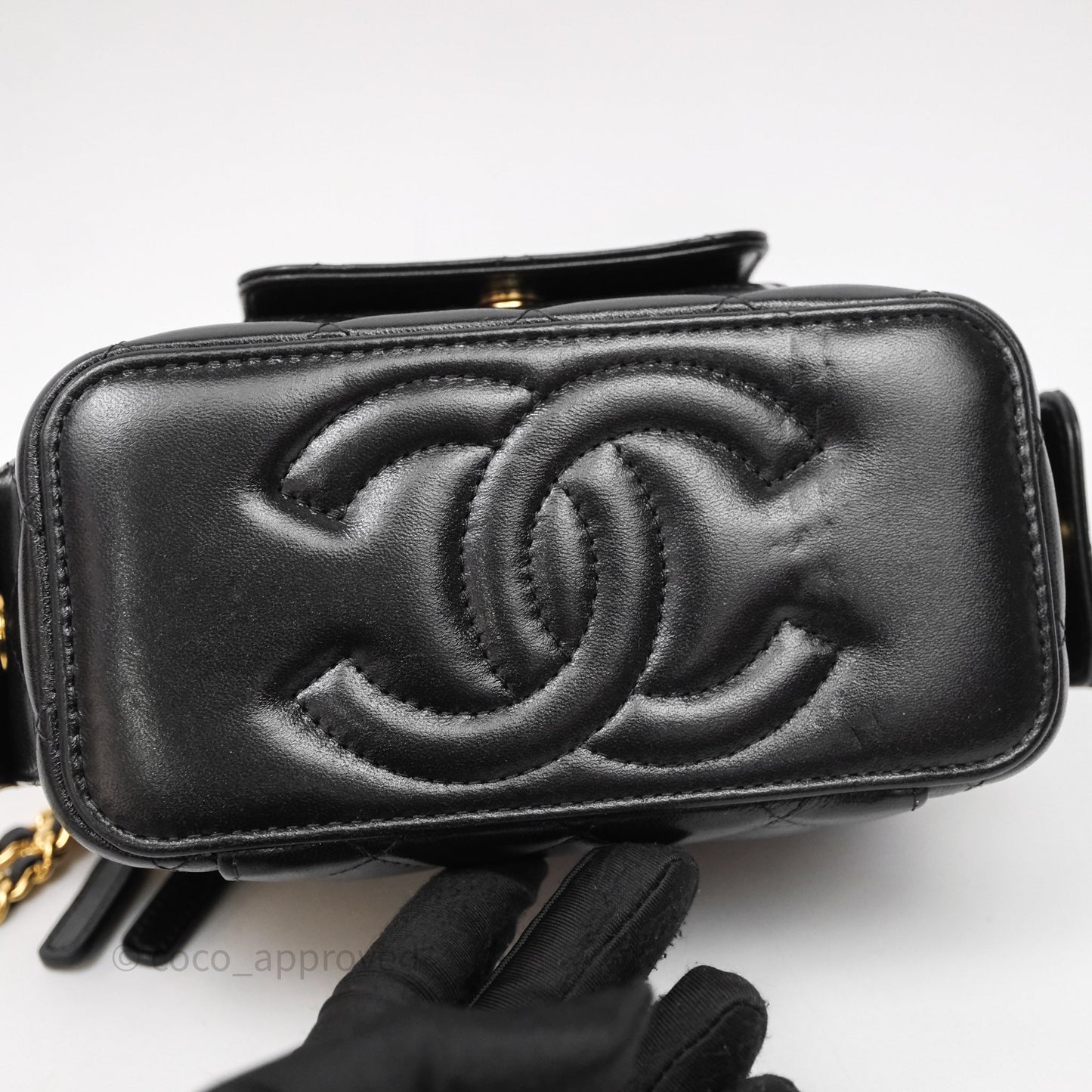 Chanel Quilted Top Handle Pocket Vanity Case Black Shiny Lambskin Bag Gold Hardware