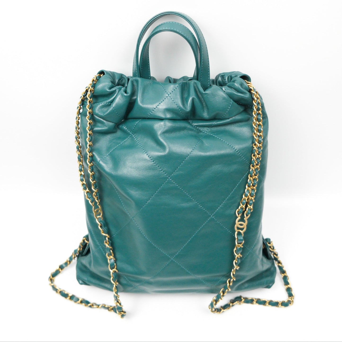 Chanel 22 Small Quilted Backpack Green Shiny Calfskin
