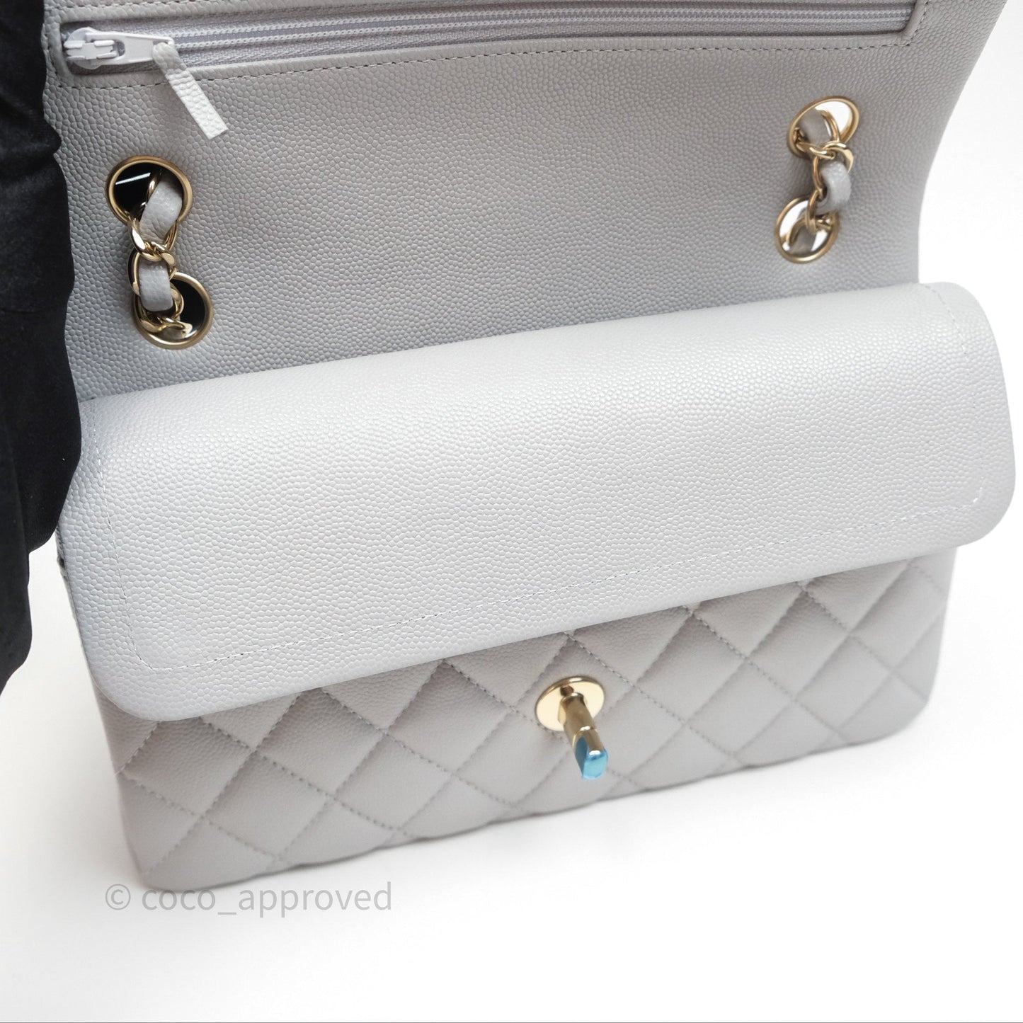 Chanel Small Classic Flap Quilted Grey Caviar Gold Hardware 21A