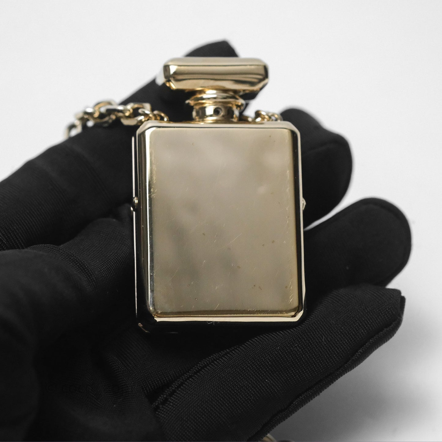 Chanel CC Metal Pearl Perfume Bottle Locket Necklace Gold Tone