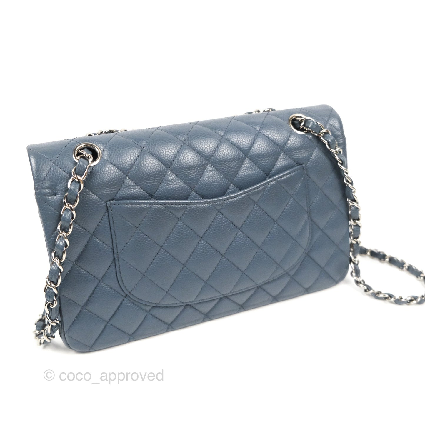 Chanel Classic Double Flap Quilted M/L Blue Caviar Silver Hardware