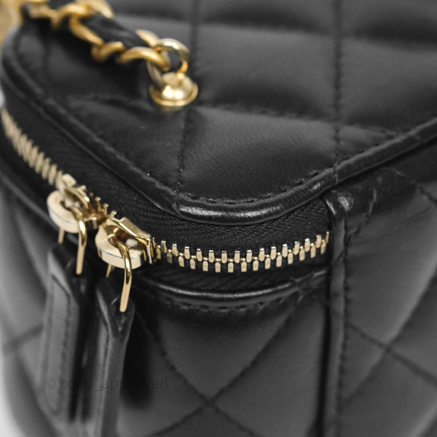 Chanel Quilted Pearl Crush Mini Vanity With Chain Black Lambskin Aged Gold Hardware