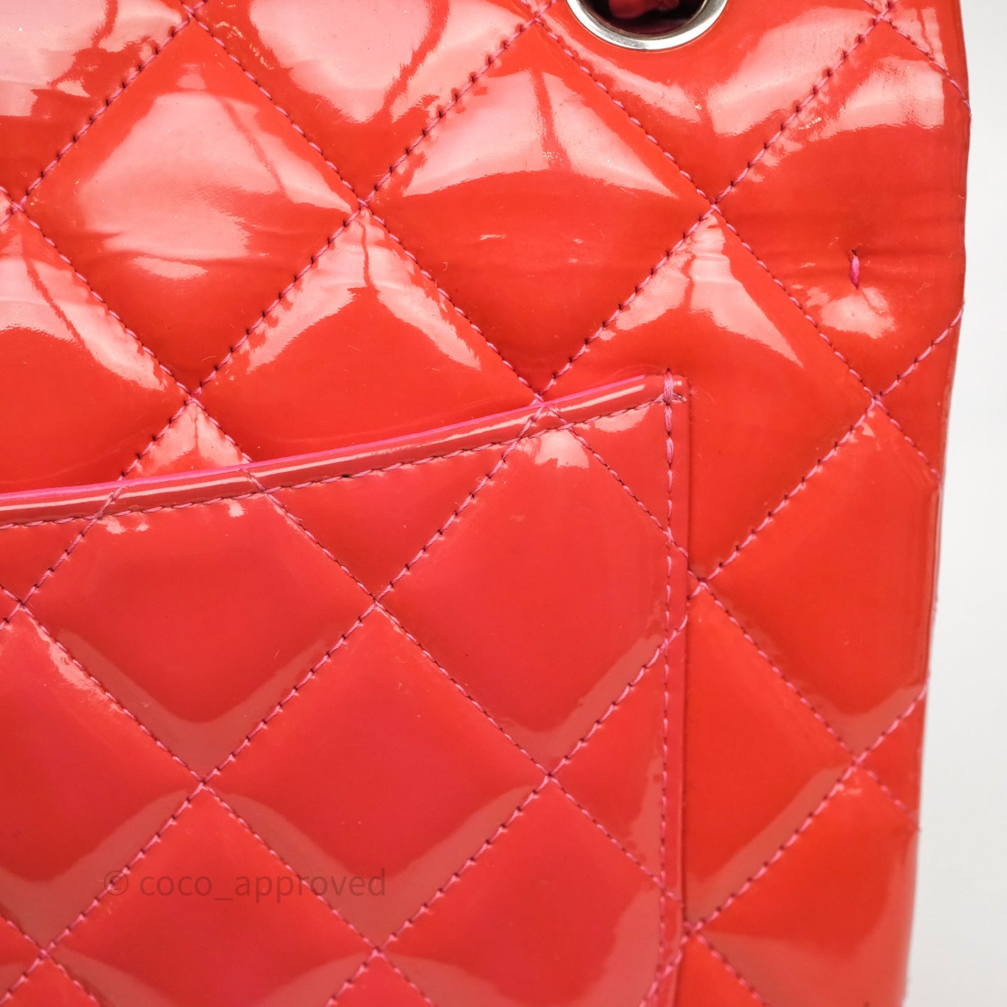 Chanel Jumbo Double Flap Red Orange Patent Silver Hardware⁣⁣