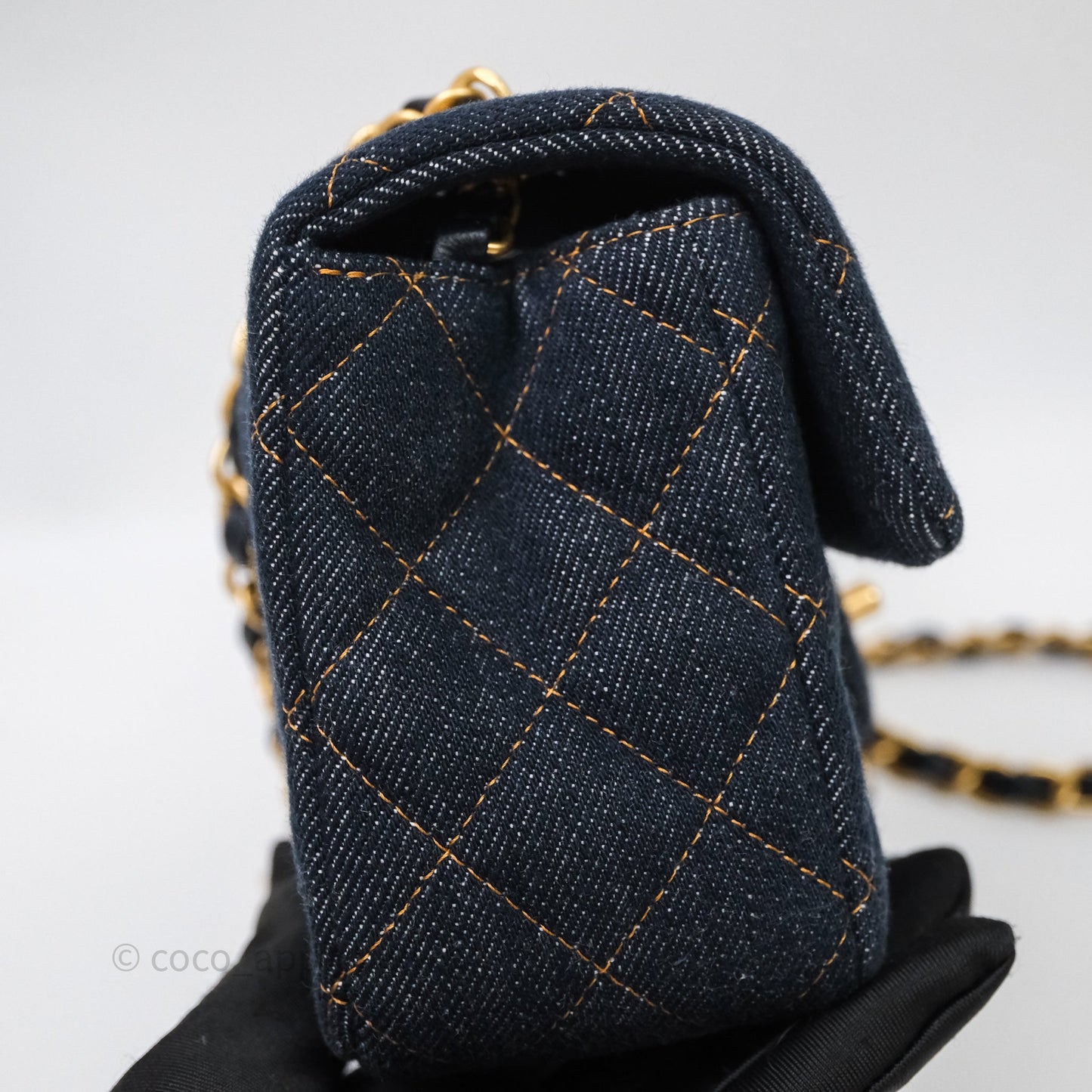 Chanel Mini Rectangular Quilted Dark Blue Denim Aged Gold Hardware