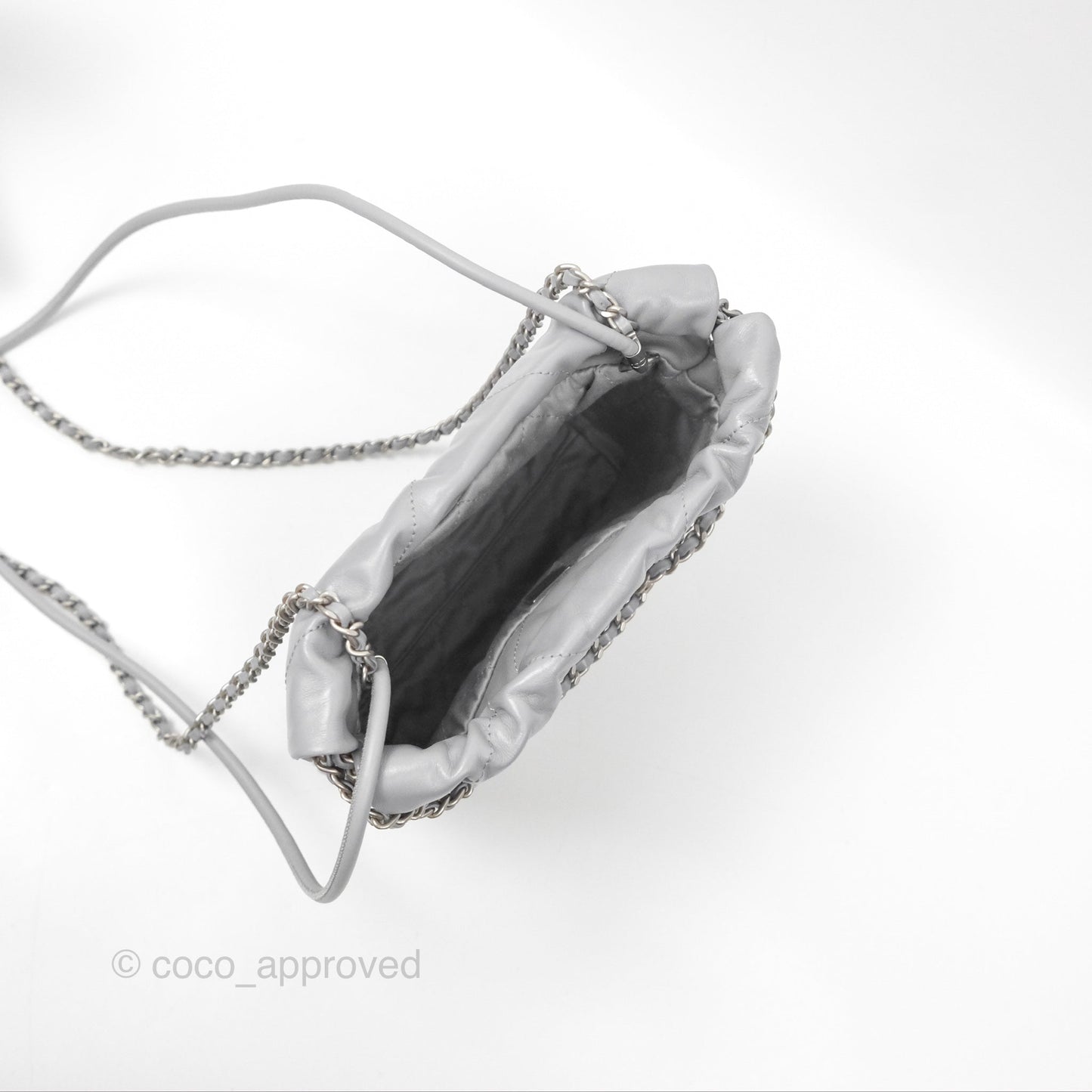 Chanel 22 Mini Bag Light Grey Shiny Crumpled Calfskin Matte Silver Hardware