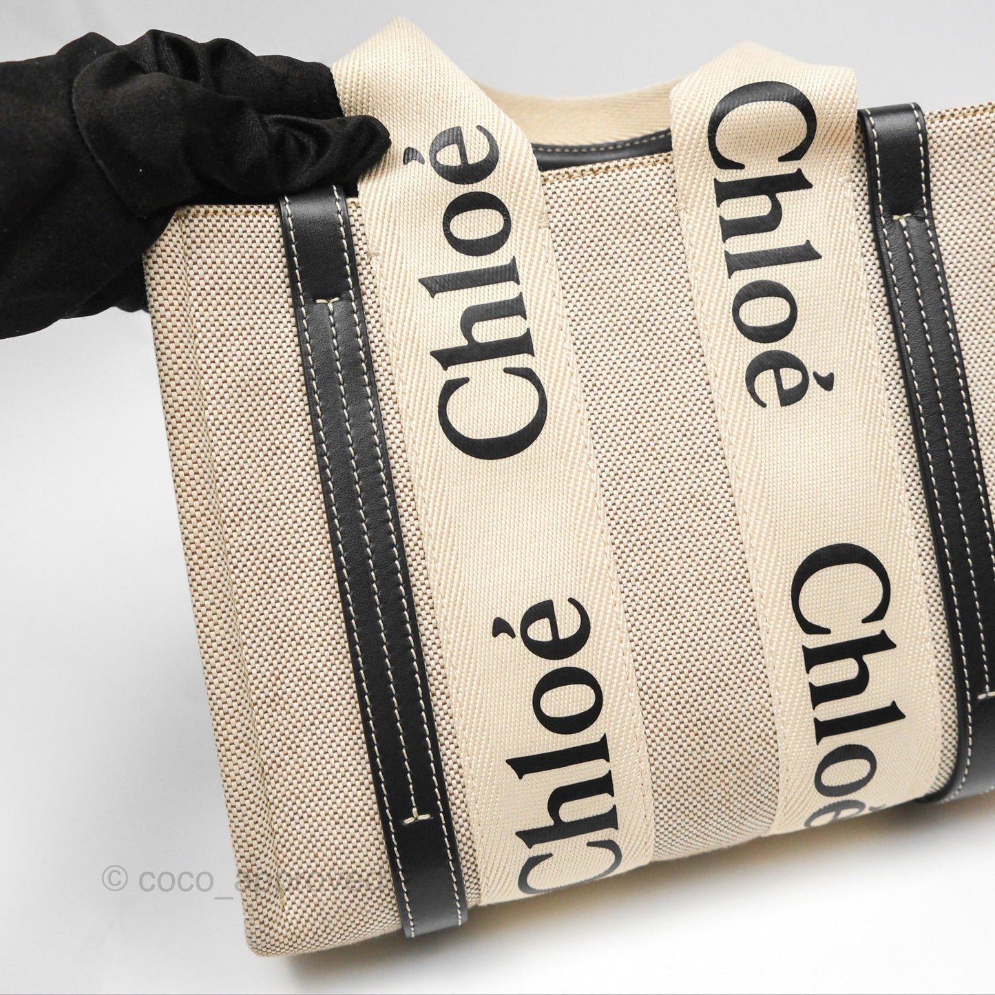 Chloe Small Woody Tote Bag Cotton Canvas & Black Calfskin with Woody Ribbon