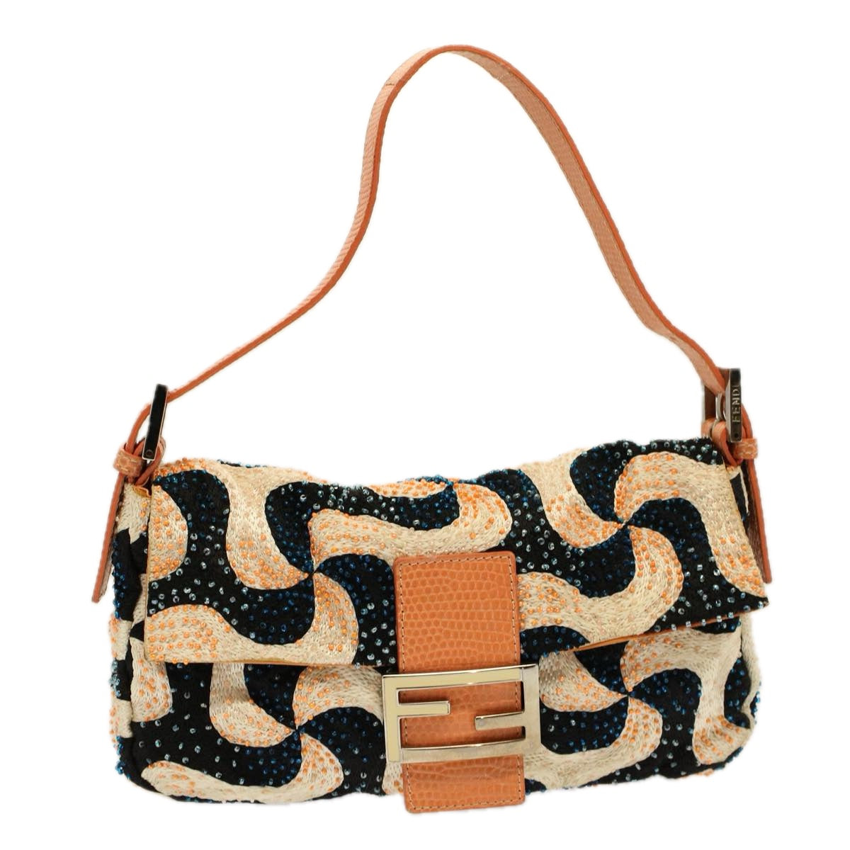 Luxury FendiMamma Baguette Shoulder Bag beads White Orange58824A