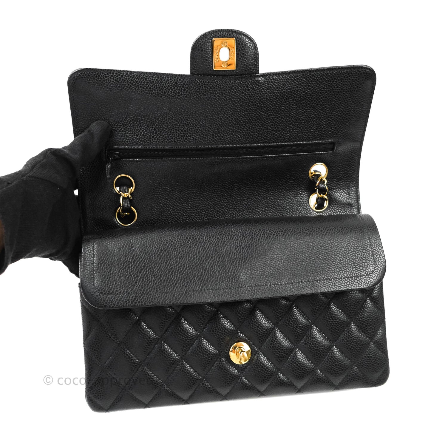 Chanel Quilted M/L Medium Double Flap Black Caviar Gold Hardware