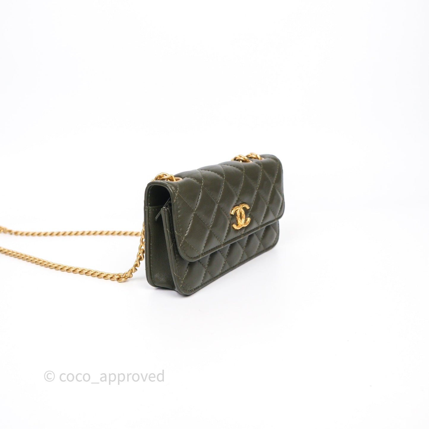 Chanel All Slide Adjustable Chain Phone Holder WOC Olive Green Lambskin