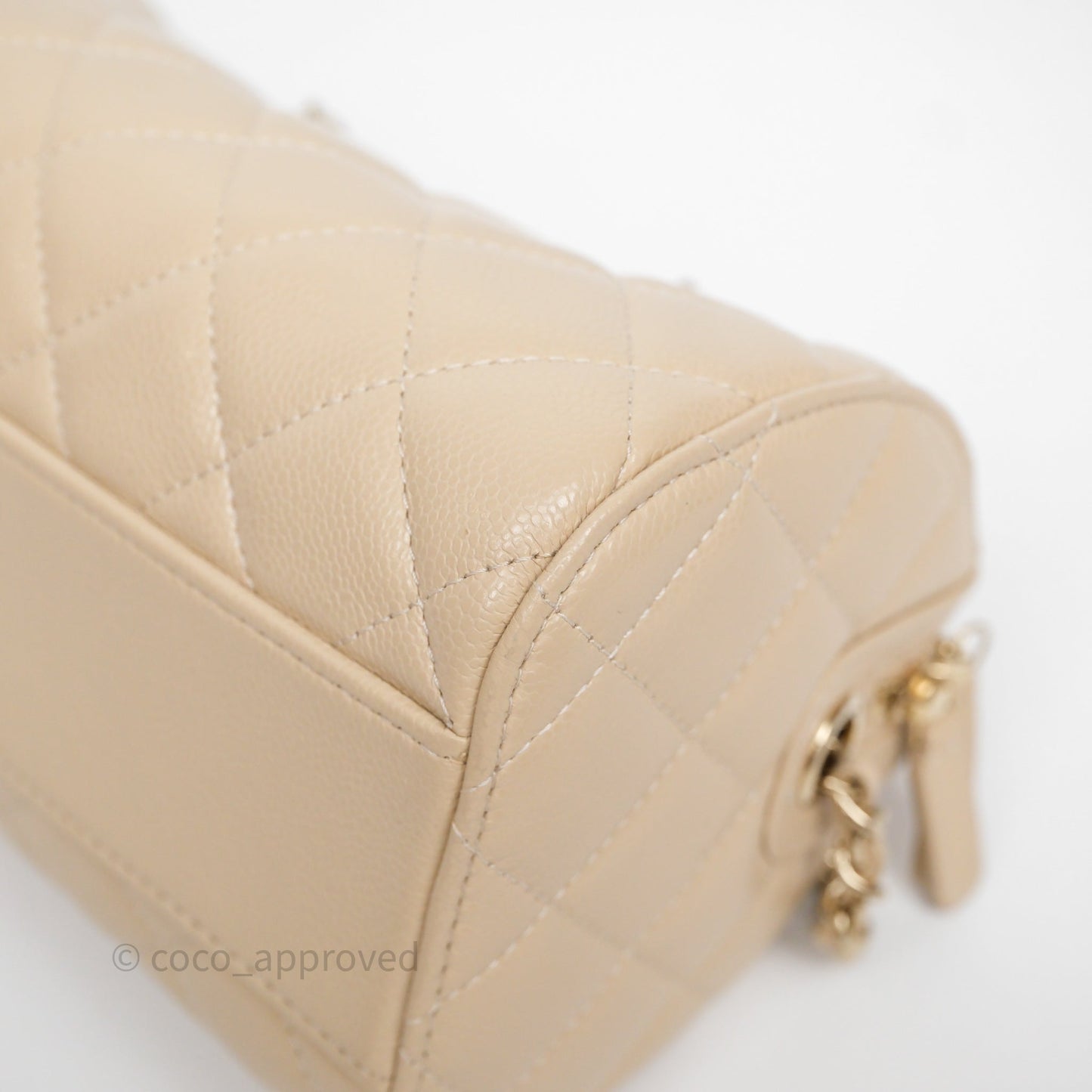 Chanel Mini Quilted Bowling Bag Beige Caviar Gold Hardware 25P