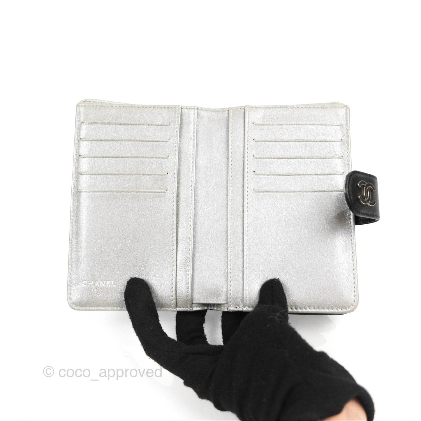Chanel Wallet Black Camellia Embossed Lambskin Silver Hardware