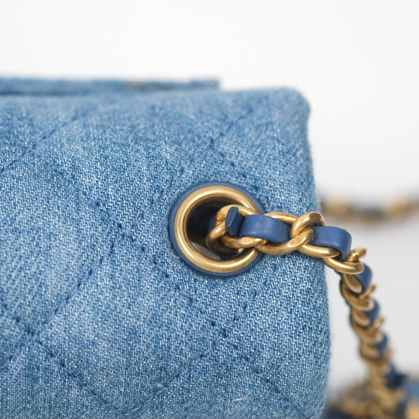 Chanel Mini Square Pearl Crush Quilted Denim Aged Gold Hardware