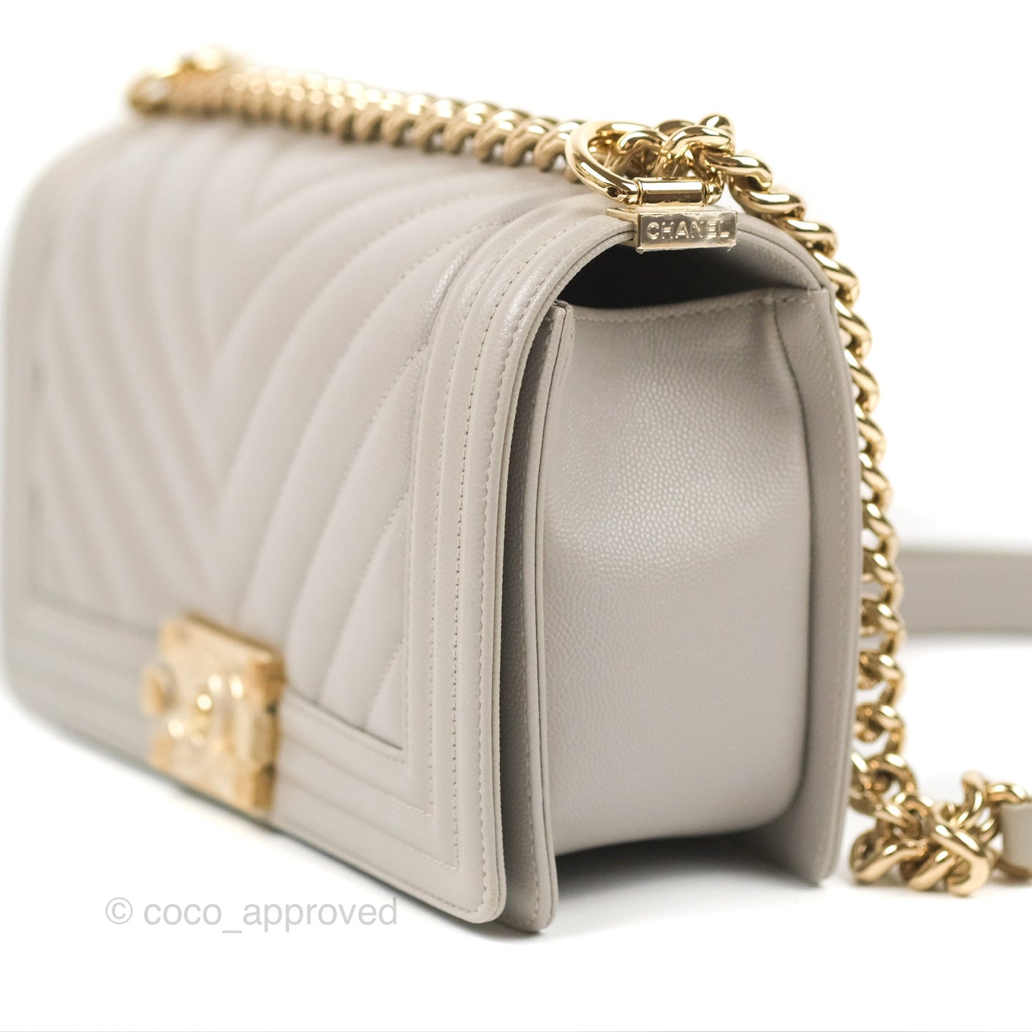 Chanel Medium Boy Chevron Grey Caviar Gold Hardware