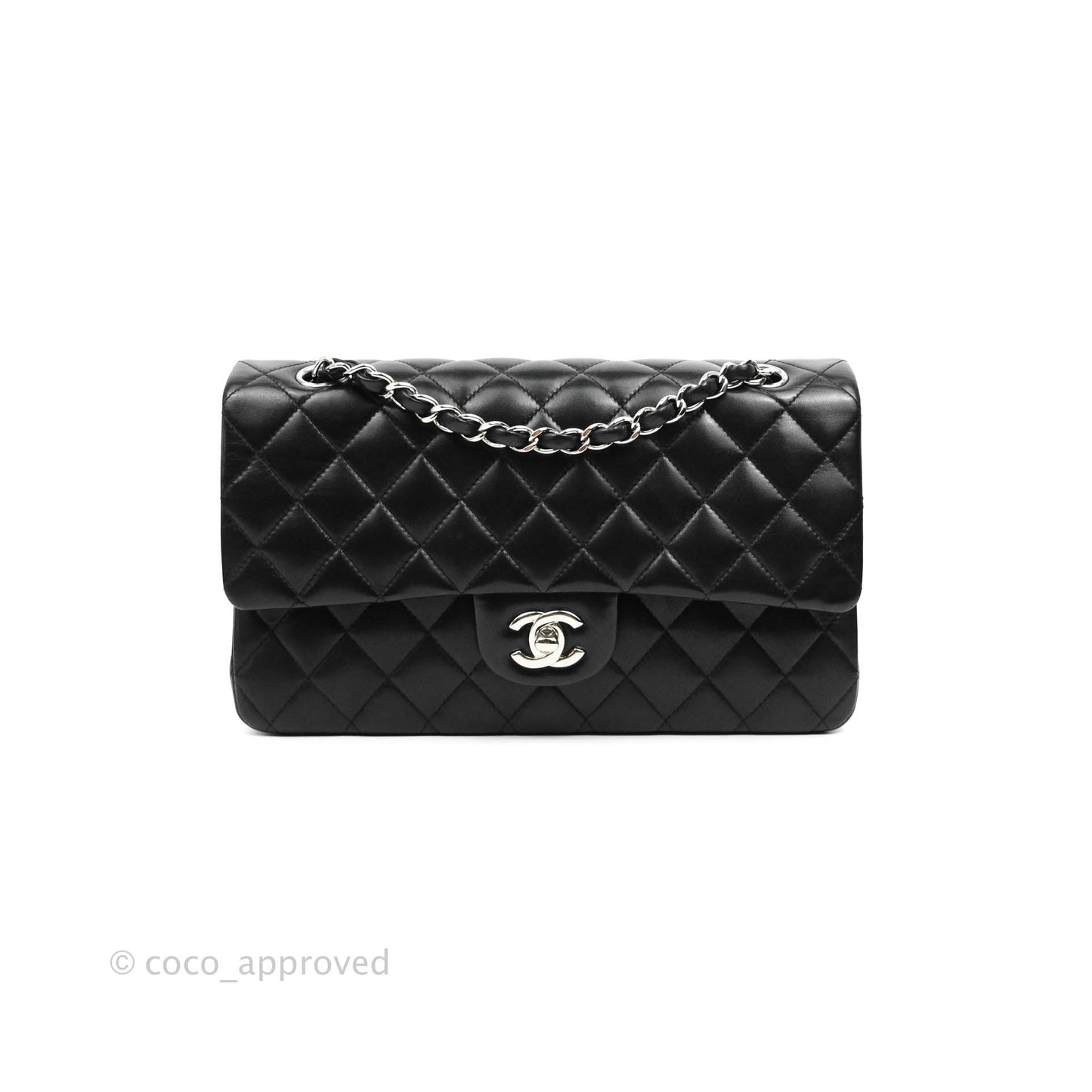 Chanel Classic M/L Medium Double Flap Black Lambskin Silver Hardware