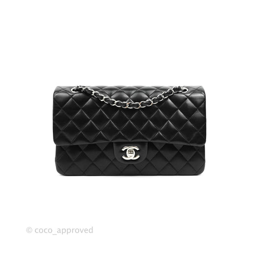 Chanel Classic M/L Medium Double Flap Black Lambskin Silver Hardware