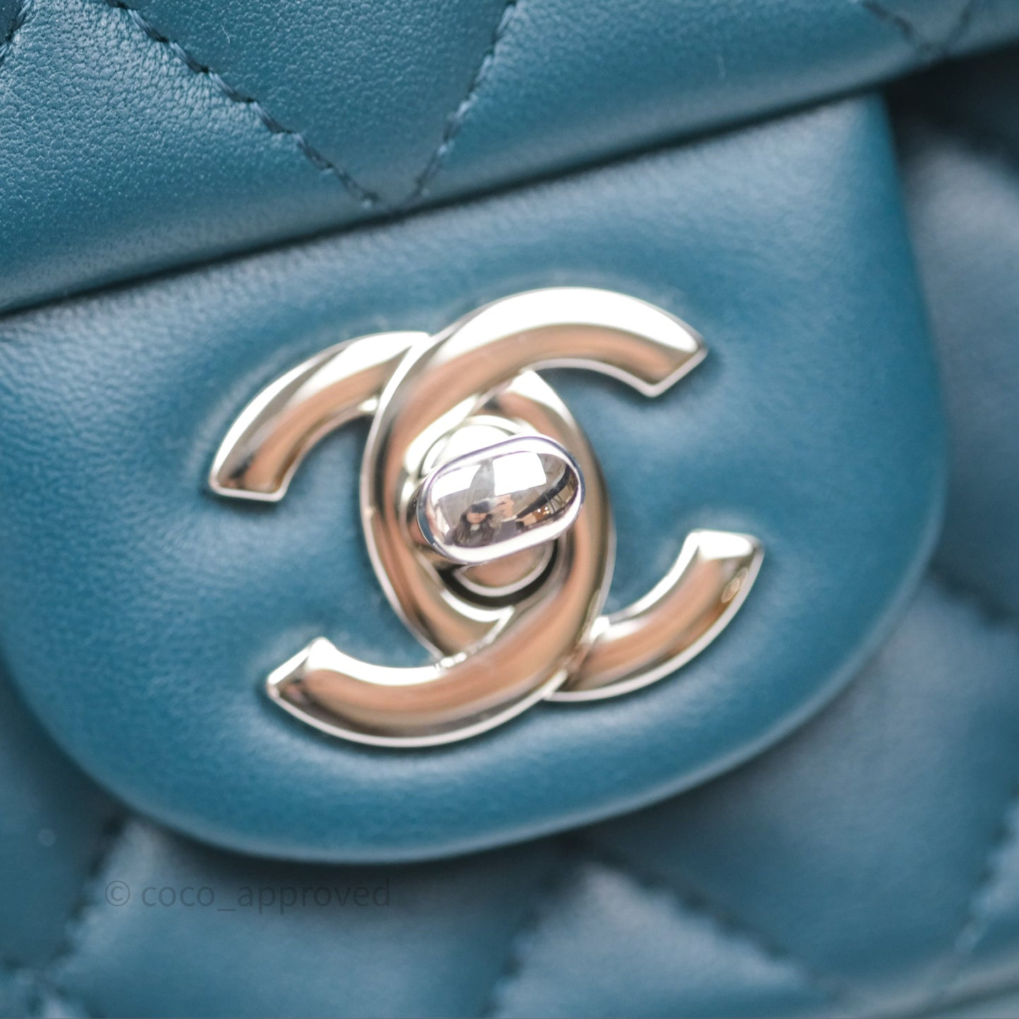 Chanel Quilted Mini Rectangular Flap Teal Green Lambskin Silver Hardware