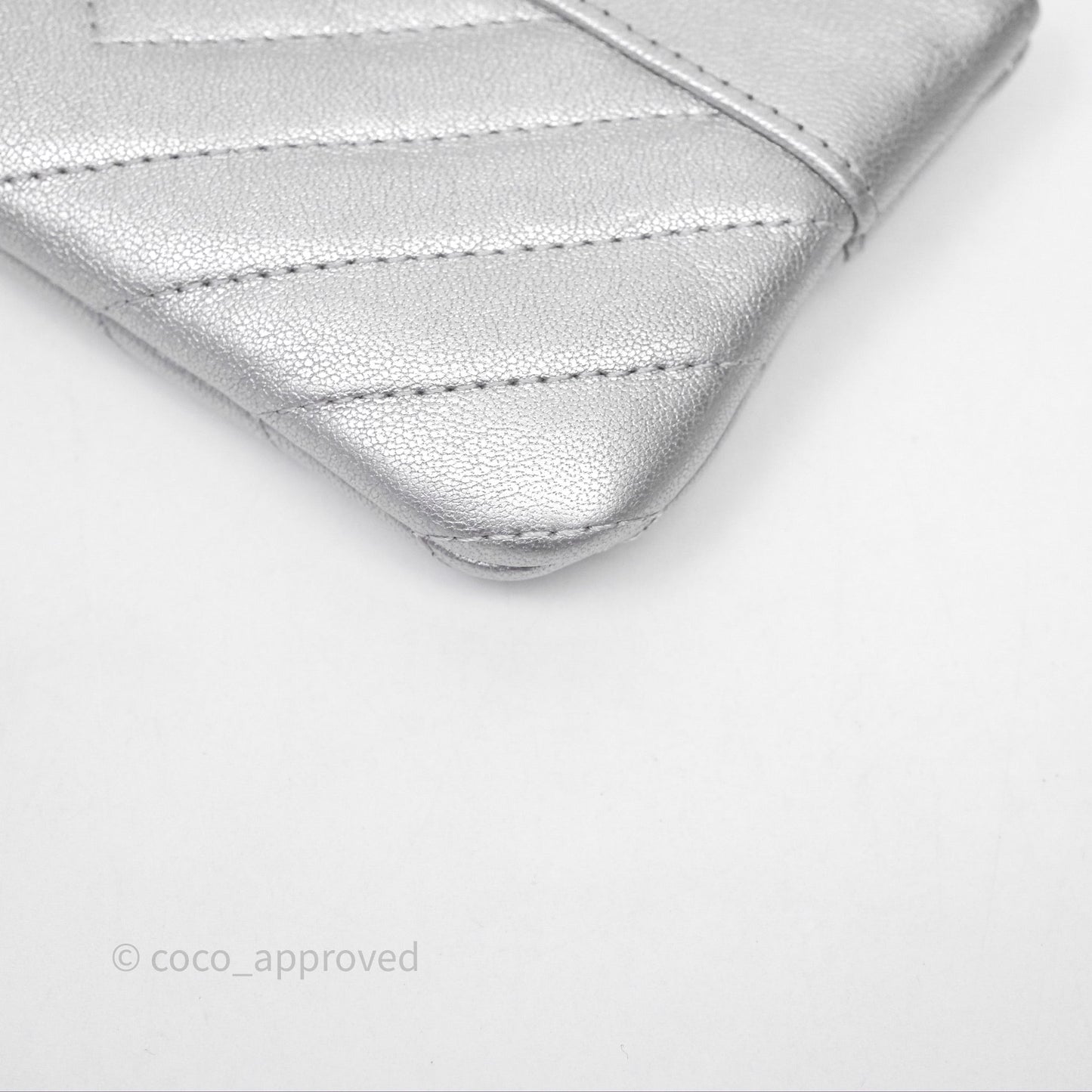 Chanel Mini Chevron Mademoiselle O Case Silver Goatskin Silver Hardware