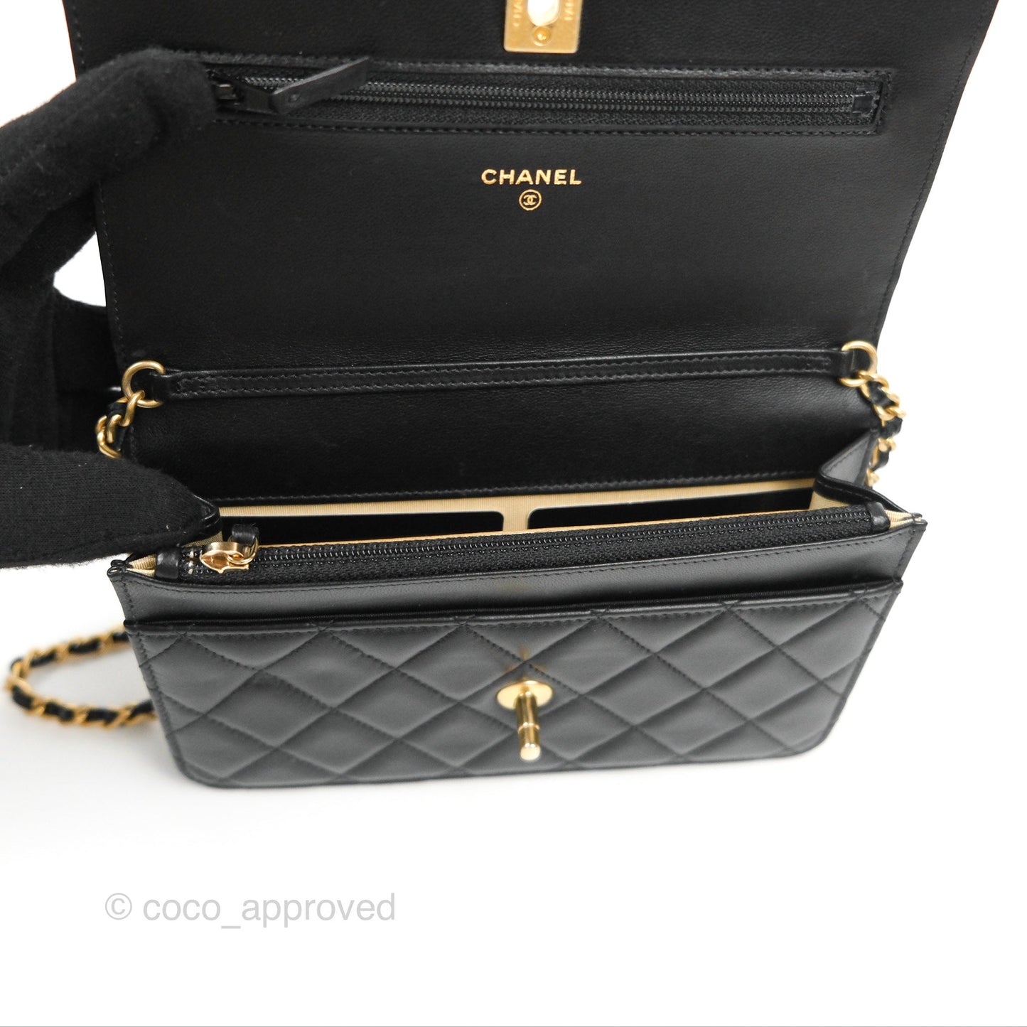 Chanel Quilted Pearl Crush Wallet on Chain WOC Black Lambskin Aged Gold Hardware