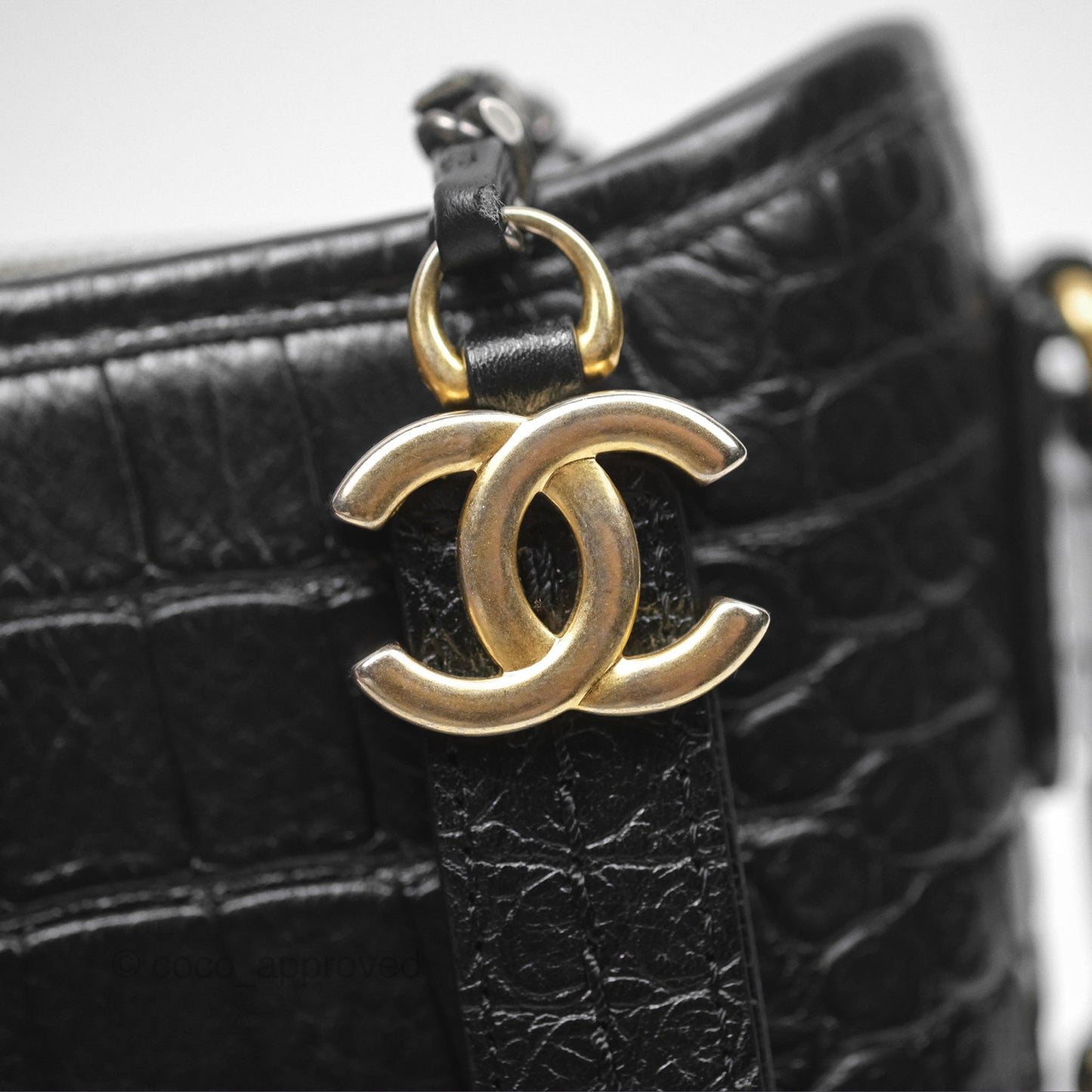 Chanel Small Gabrielle Hobo with Logo Handle Quilted Black Croc Embossed Calfskin