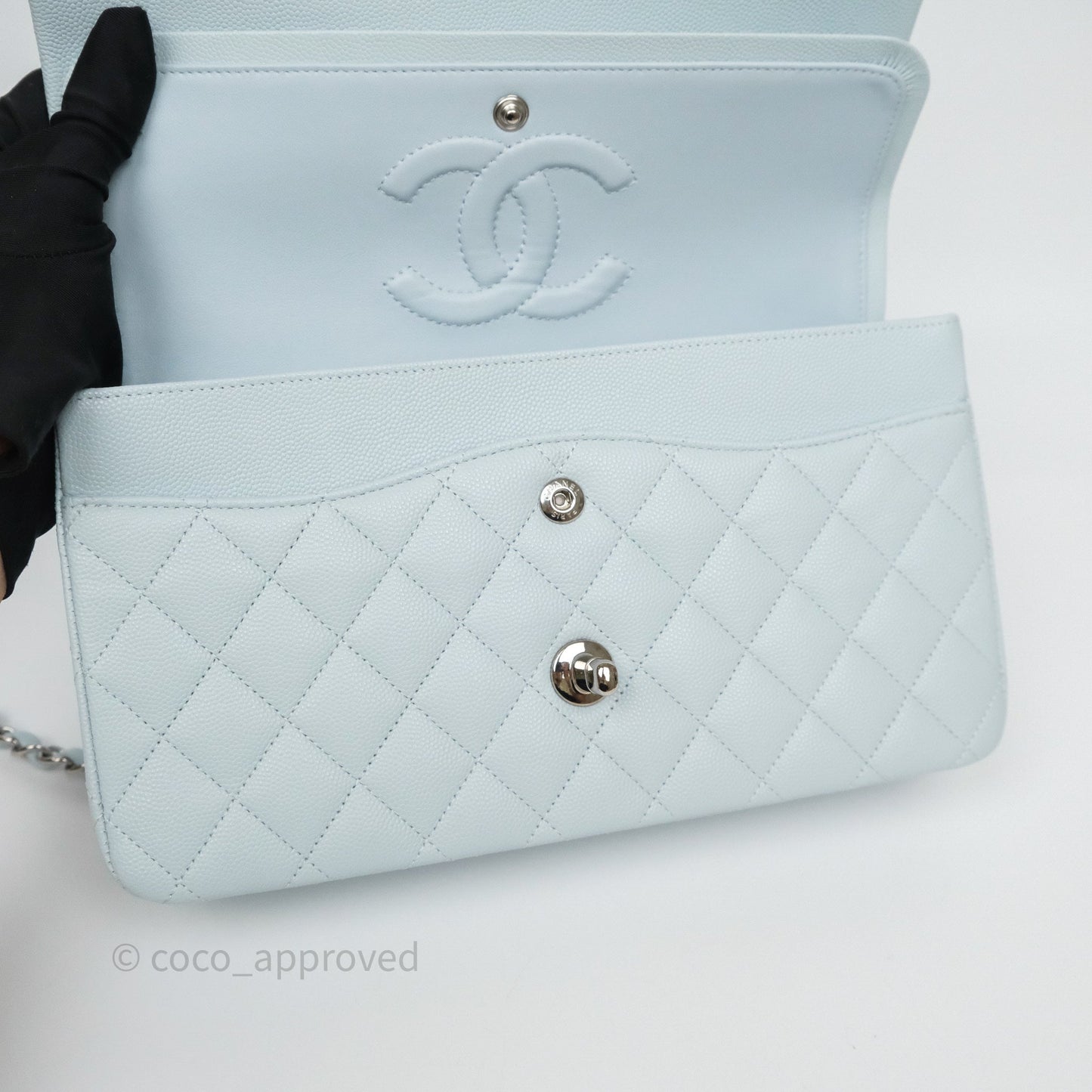 Chanel Classic M/L Medium Flap Quilted Light Blue Caviar Silver Hardware 21K