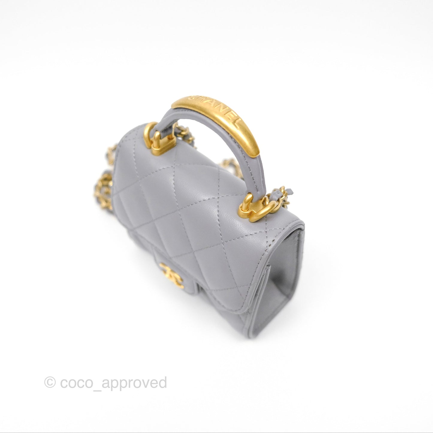 Chanel Mini Metal Handle Clutch With Chain Grey Lambskin Gold Hardware