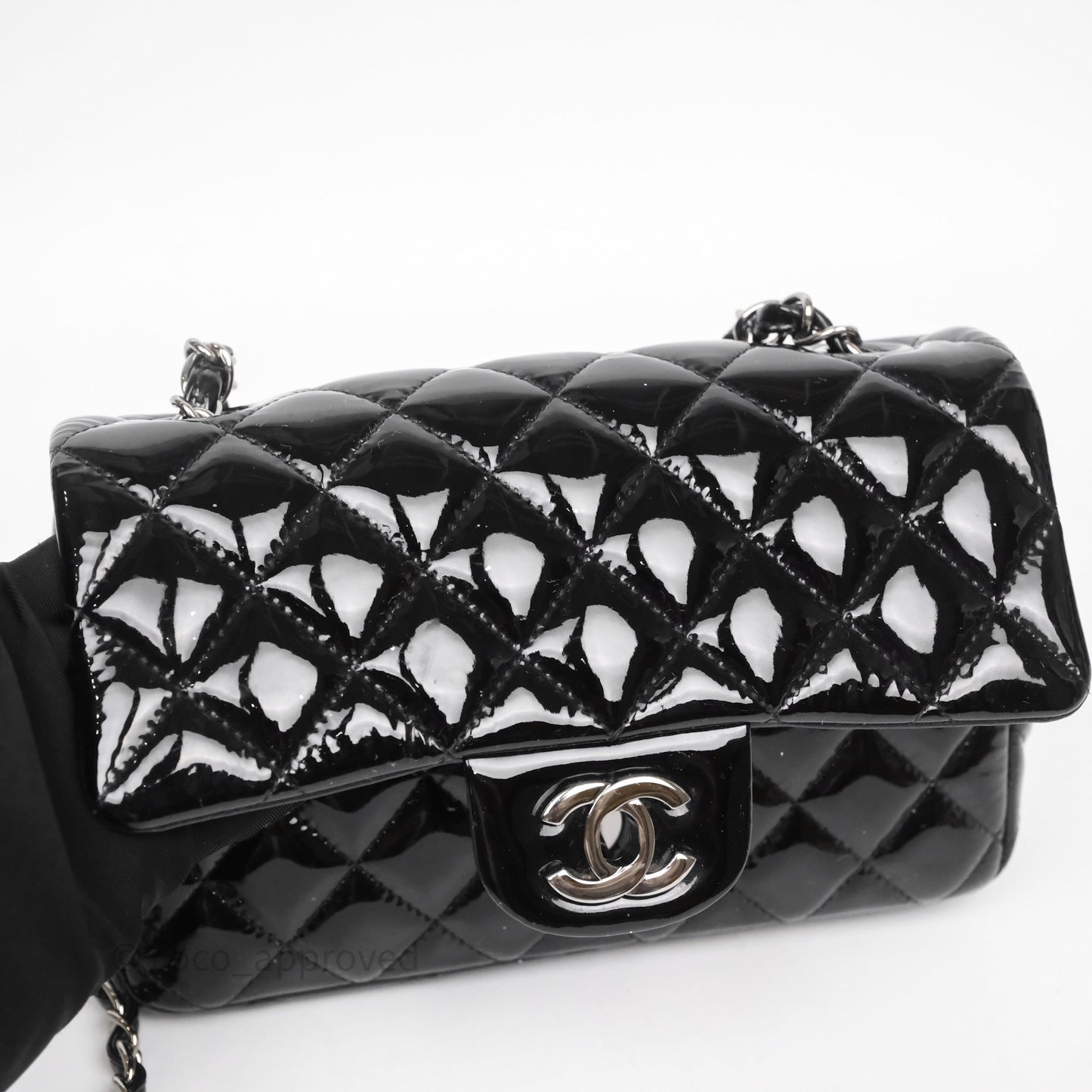 Chanel Quilted Mini Rectangular Flap Black Patent Silver Hardware