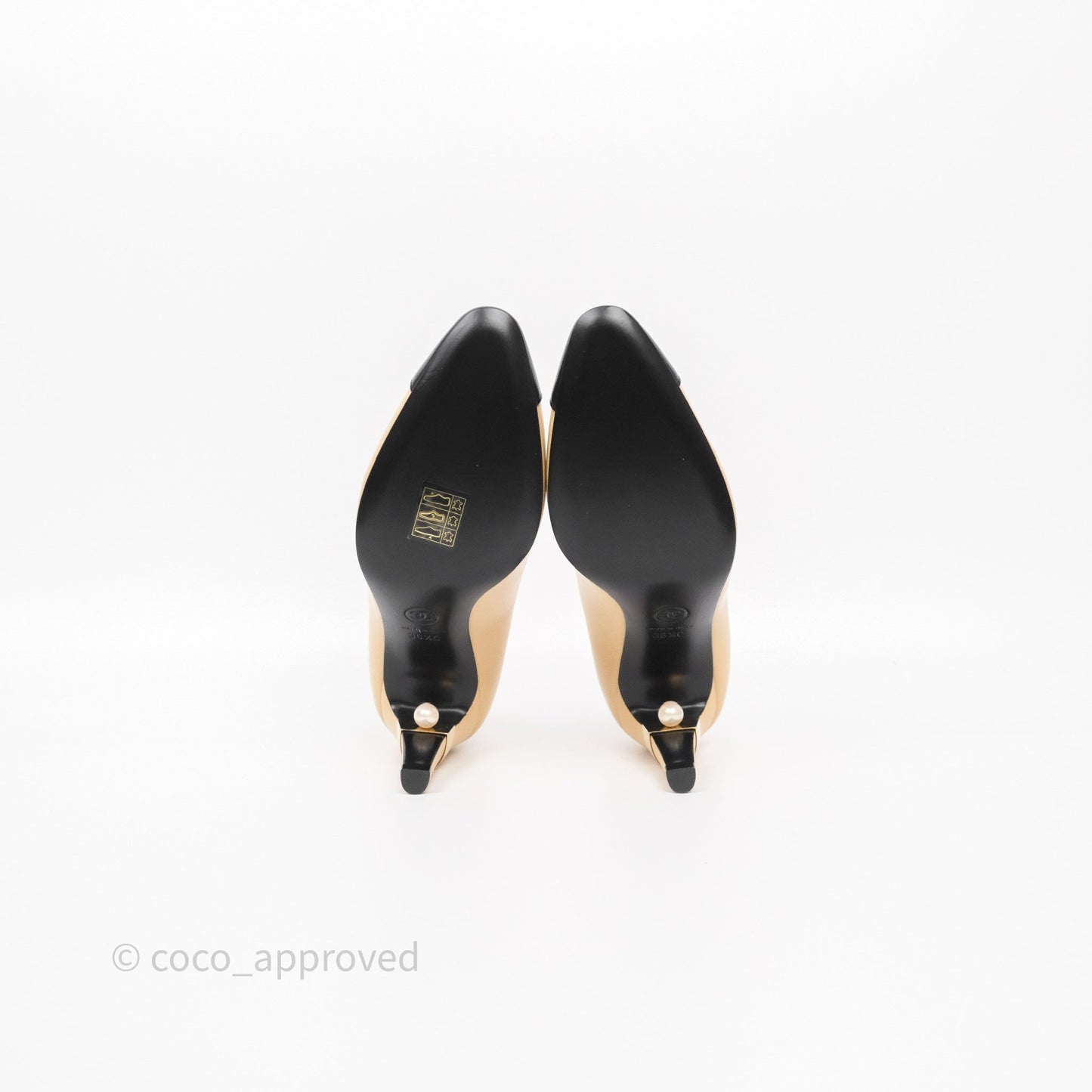 Chanel Beige Toe Pointed Black Pump Heels With Pearl Size 36.5C