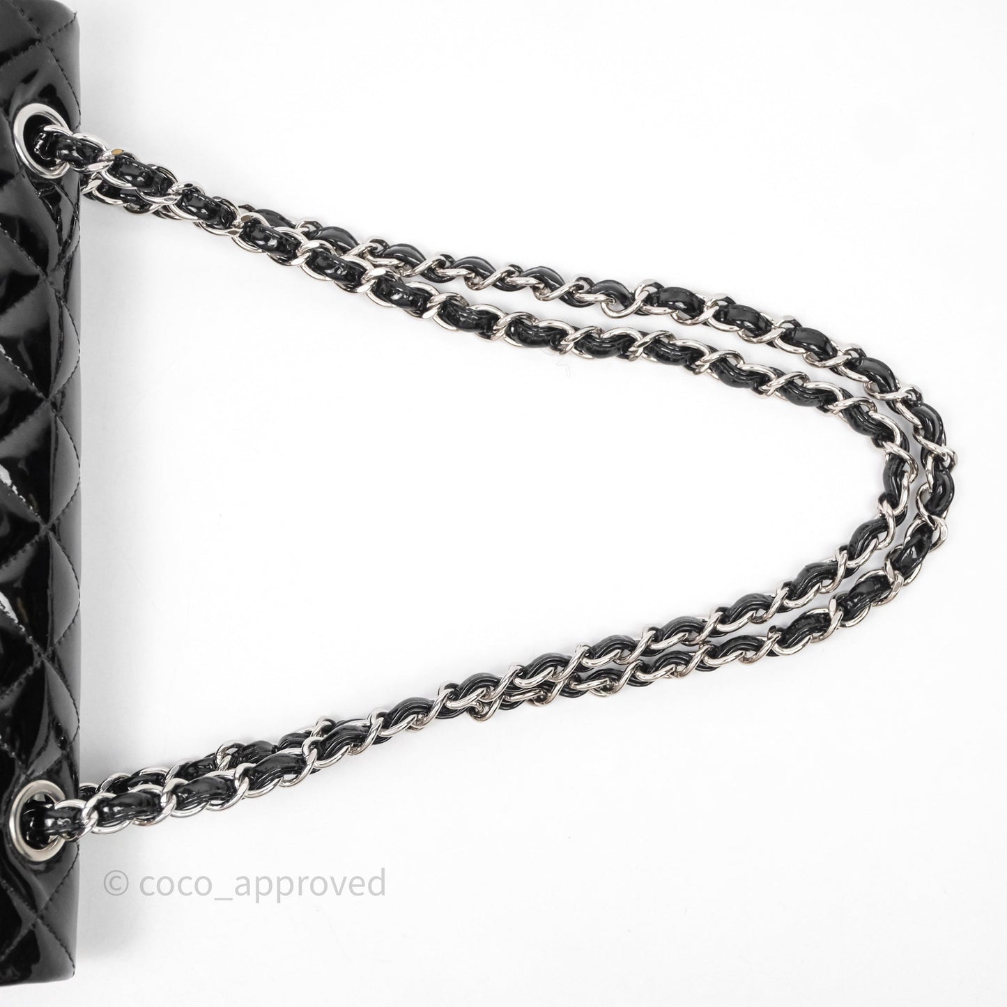 Chanel Medium Classic Flap Quilted Black Patent Silver Hardware
