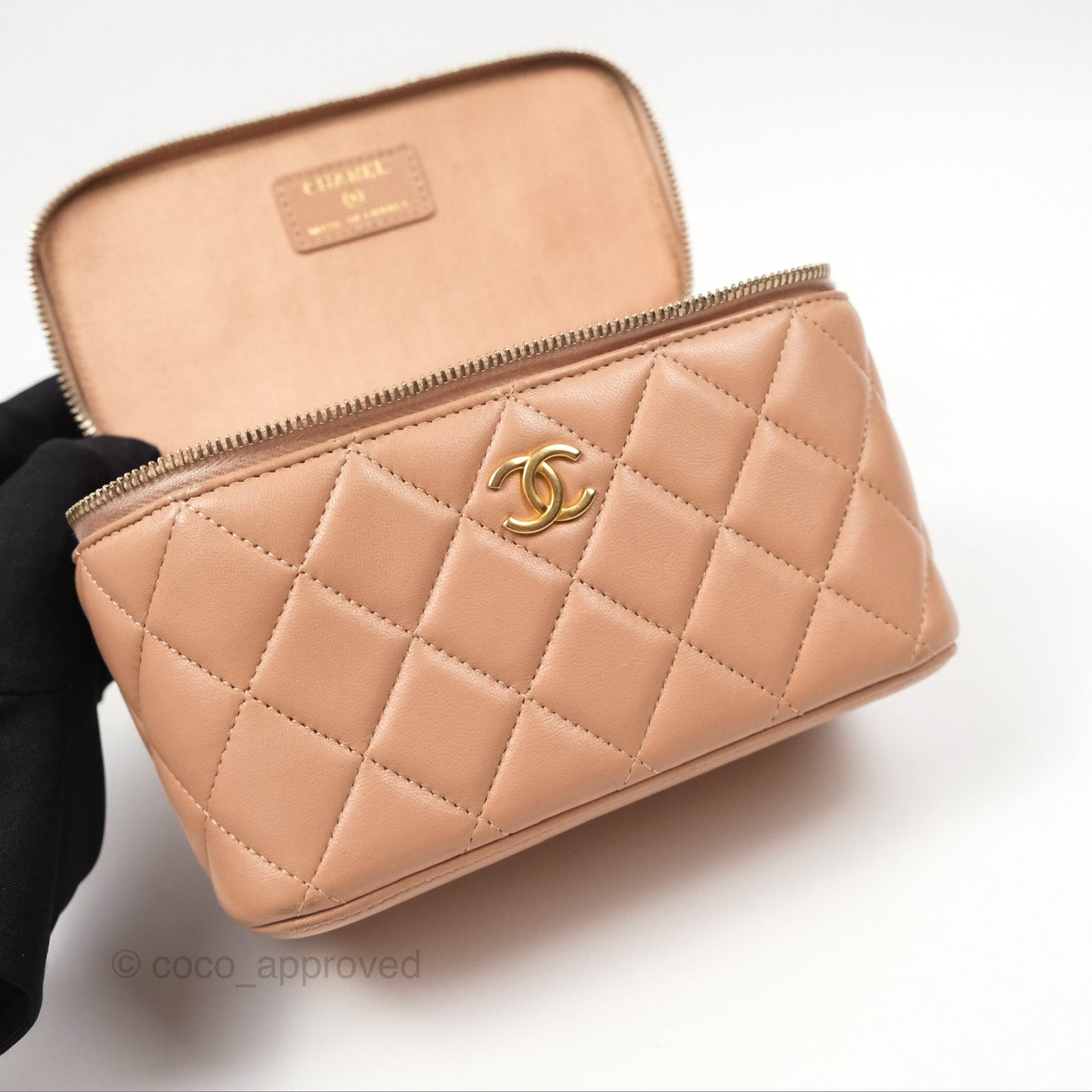 Chanel Vanity Rectangular Top Handle Beige Lambskin Aged Gold Hardware