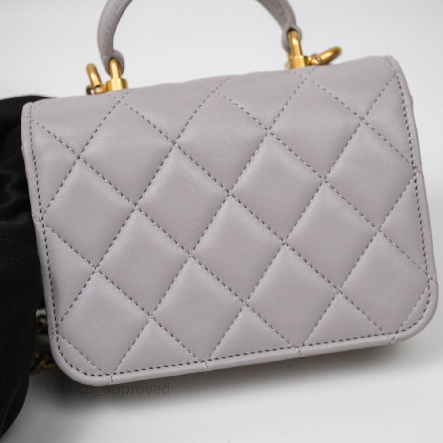 Chanel Mini Handle Flap Coin Purse With Chain Grey Lambskin Aged Gold Hardware