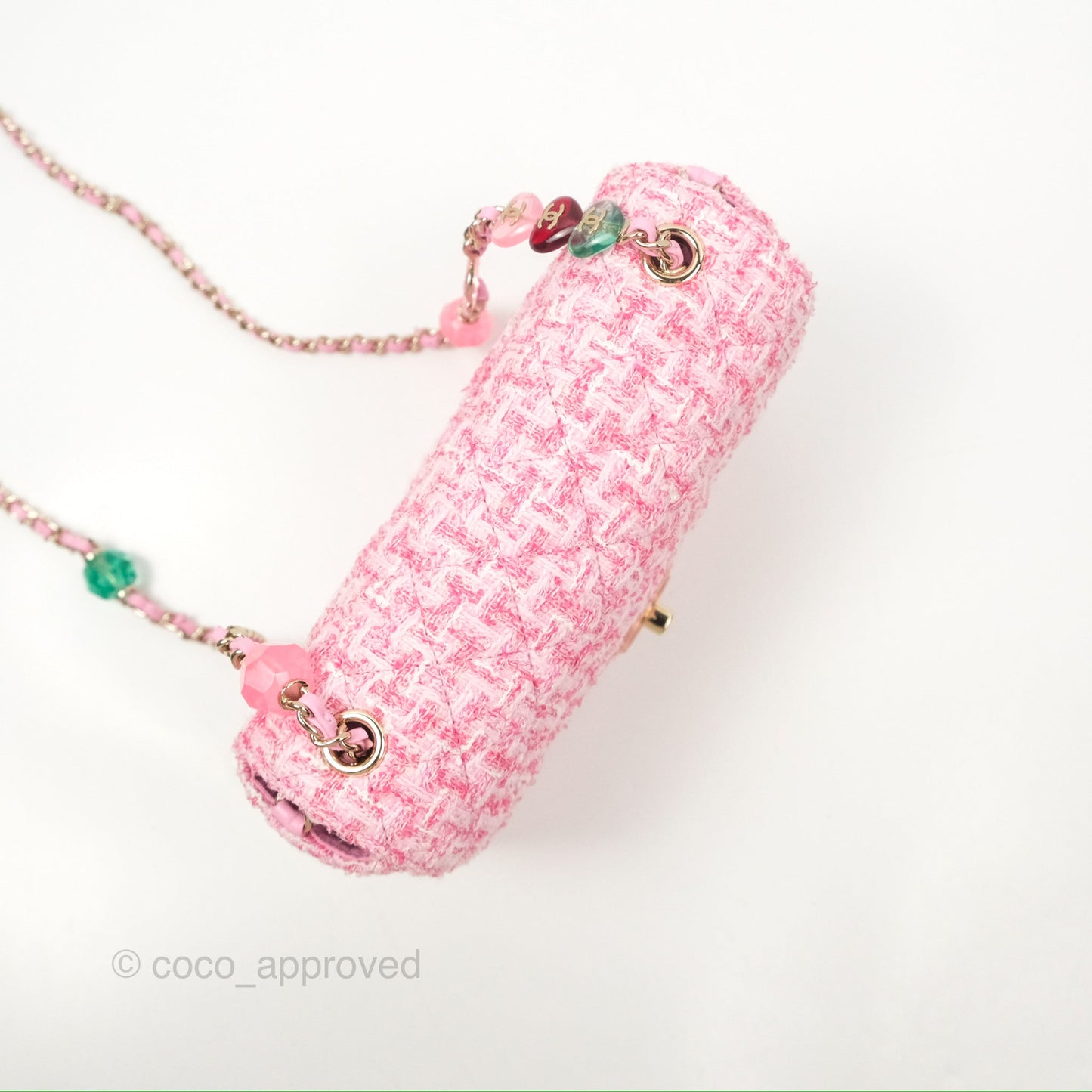 Chanel Flap Bag with Heart Resin Charm Chain Pink Tweed Gold Hardware