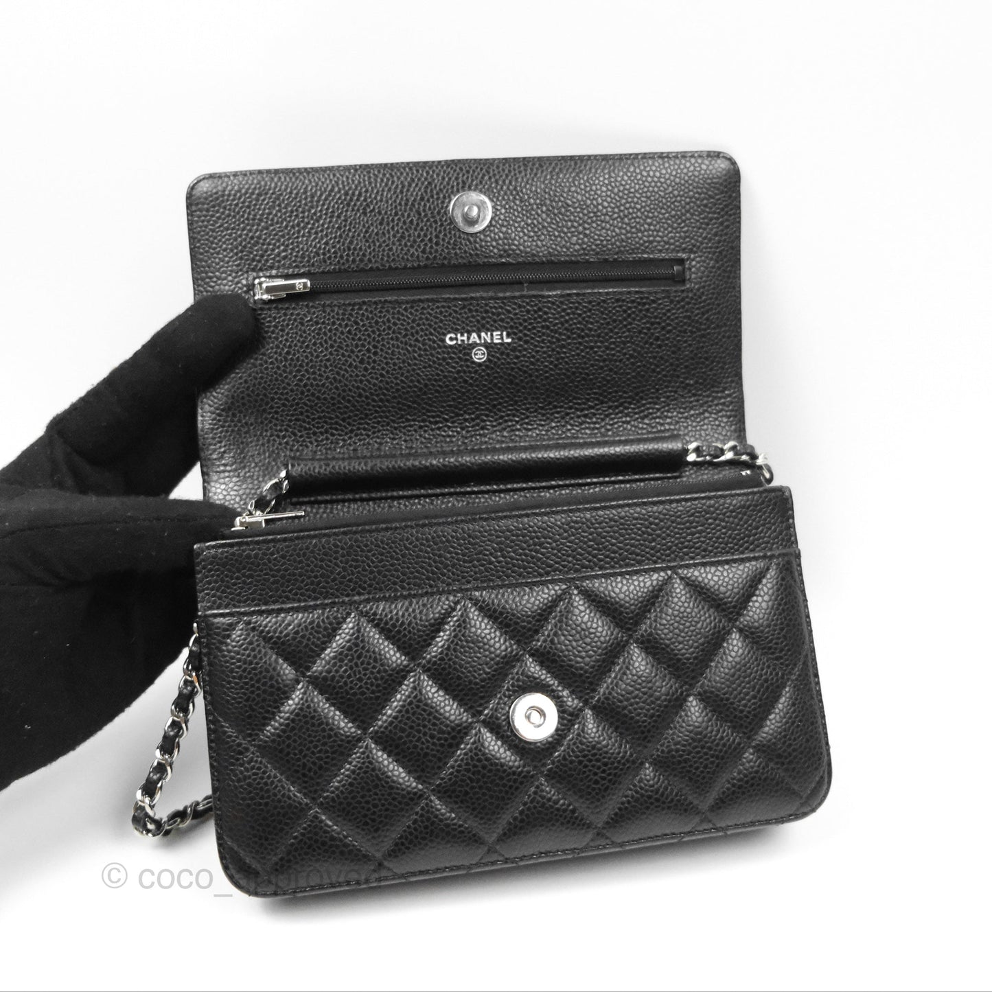 Chanel Quilted Classic Wallet On Chain WOC Black Caviar Silver Hardware