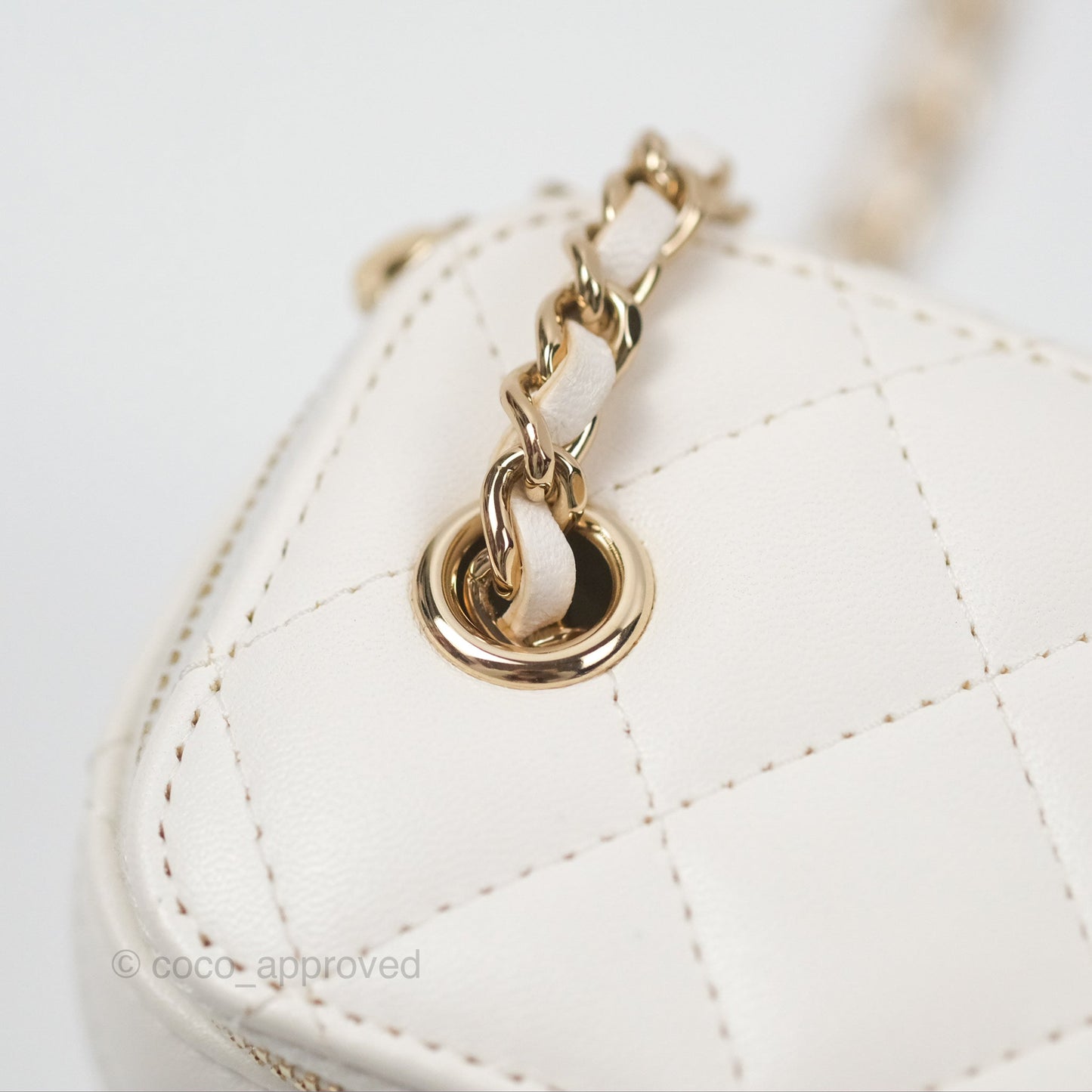 Chanel Camellia White Quilted Lambskin Mini Vanity with Chain Gold Hardware