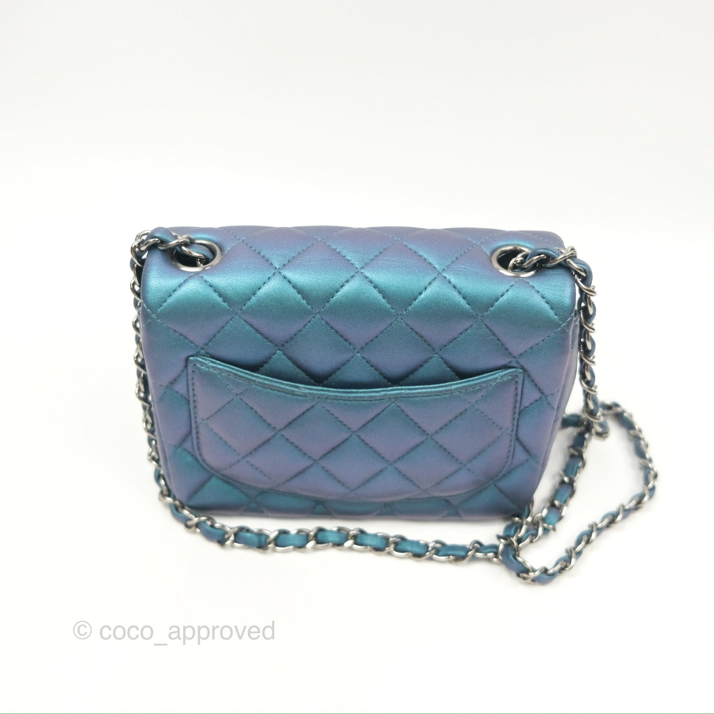Chanel Mini Square Flap Quilted Iridescent Teal Lambskin Gun Metal