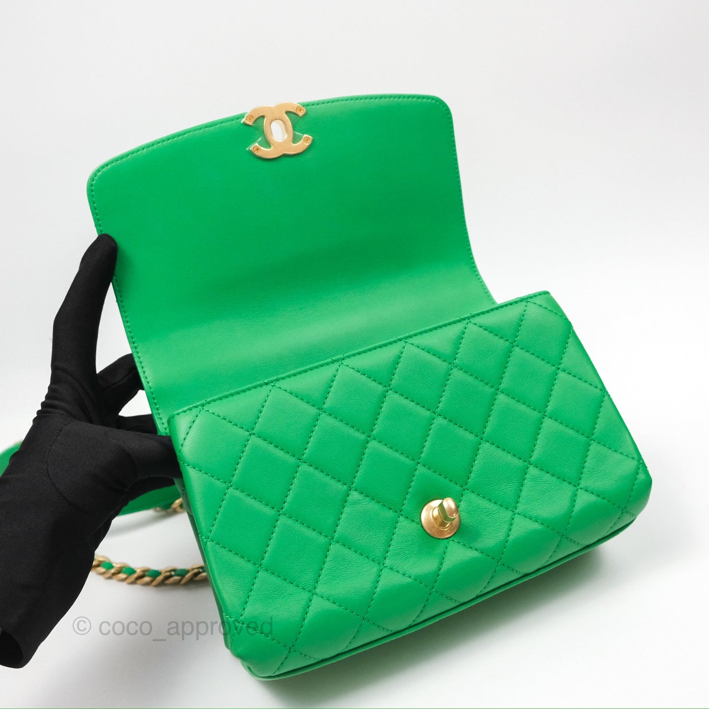 Chanel CC Quilted Flap Bag With Top Handle Green Calfskin Gold Hardware