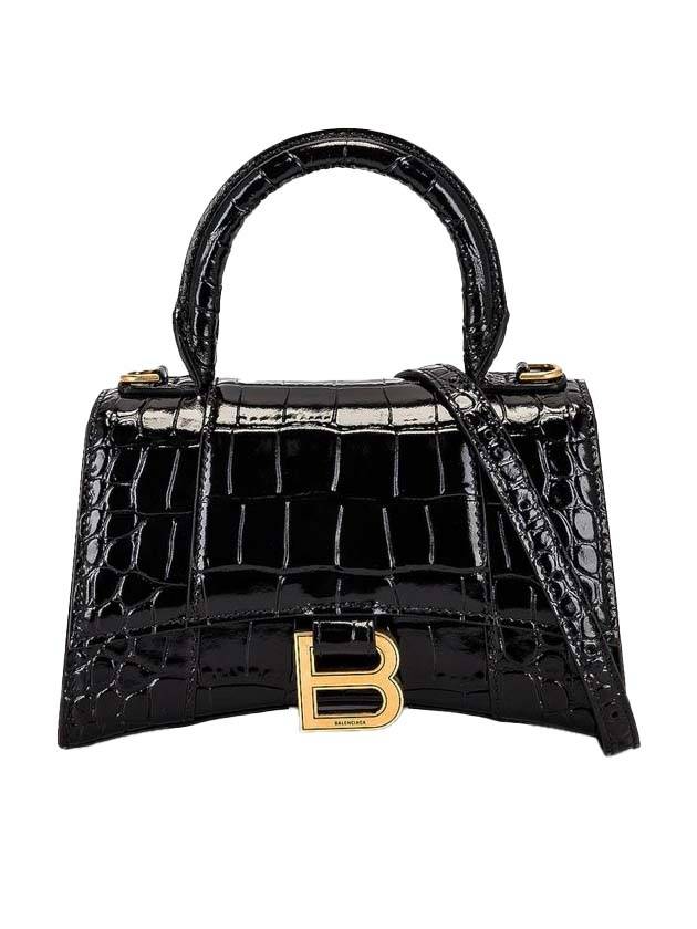 Luxury Balenciaga Hourglass Crocodile Embossed Leather XS Tote Bag Black