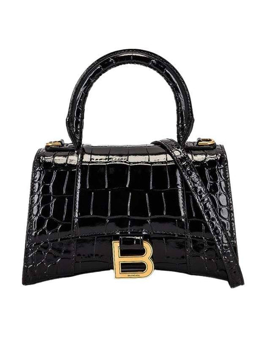 Luxury Balenciaga Hourglass Crocodile Embossed Leather XS Tote Bag Black