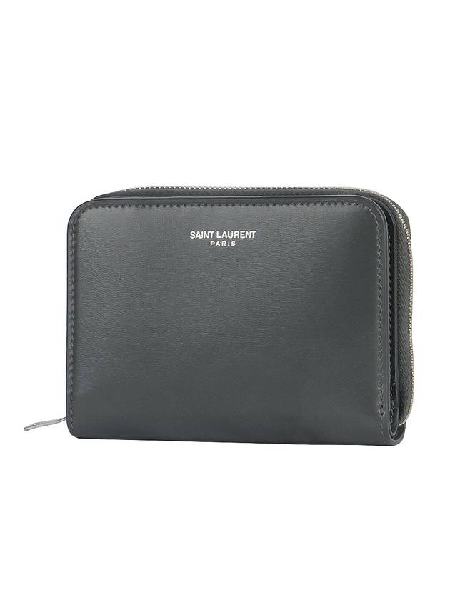 Luxury Saint Laurent Women's Logo Zipper Compact Calfskin Half Wallet Grey