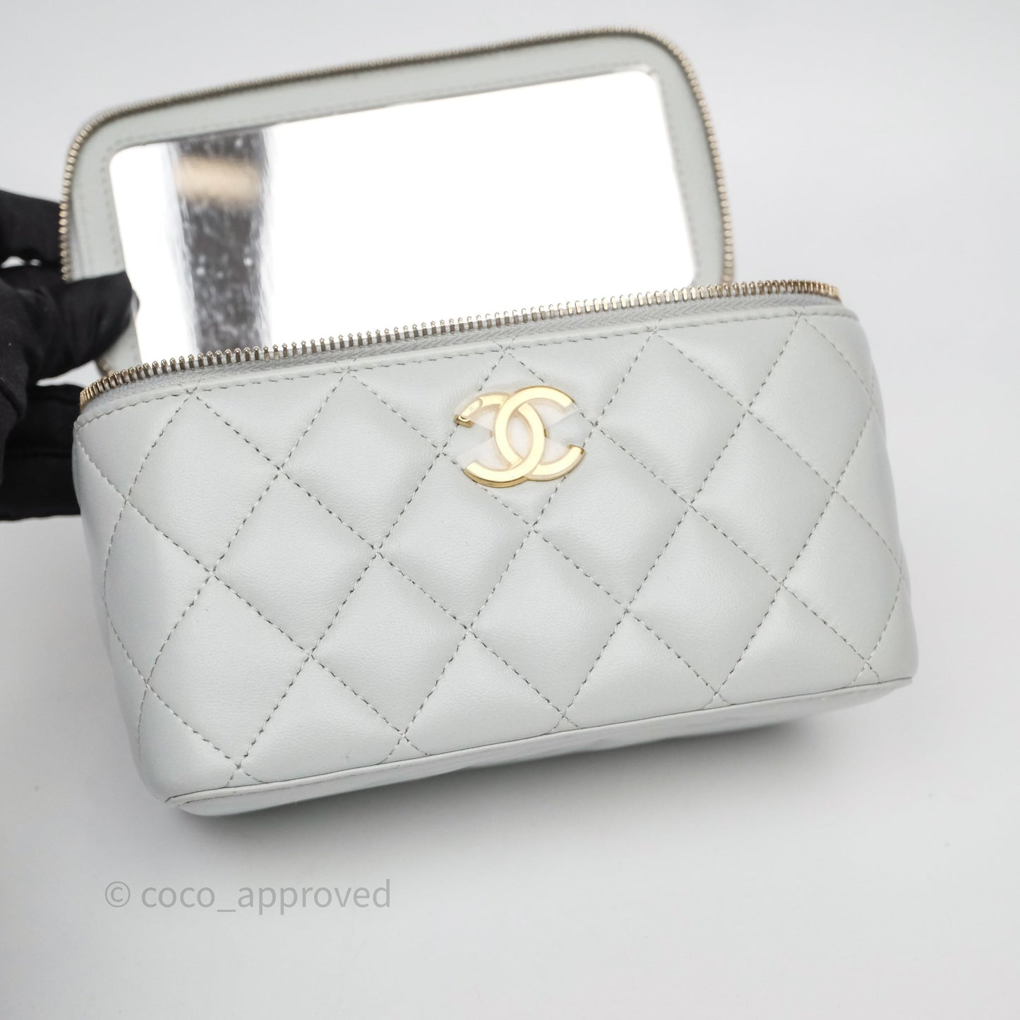 Chanel Quilted Vanity Rectangular with Camellia Adjustable Chain Blue Grey Lambskin Aged Gold Hardware