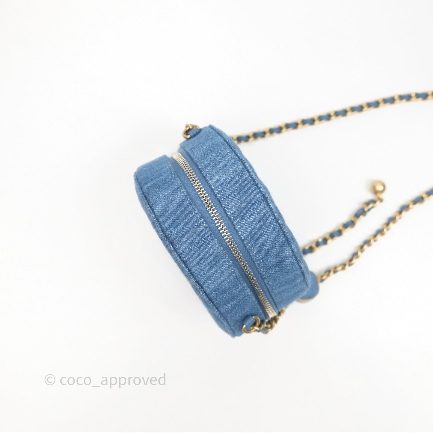 Chanel Quilted Pearl Crush Round Clutch With Chain Denim Aged Gold Hardware