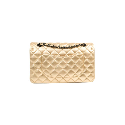 Chanel Classic M/L Medium Flap Quilted Metallic Gold Lambskin Gun Metal