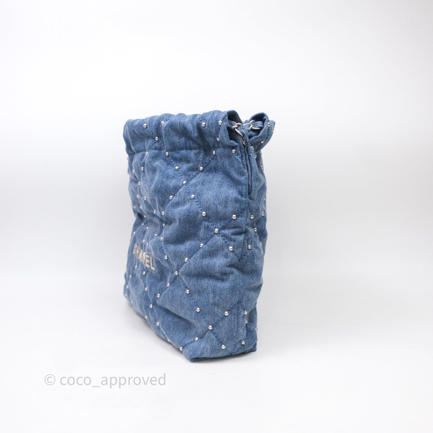 Chanel 22 Small Pearl Studded Denim Silver Hardware