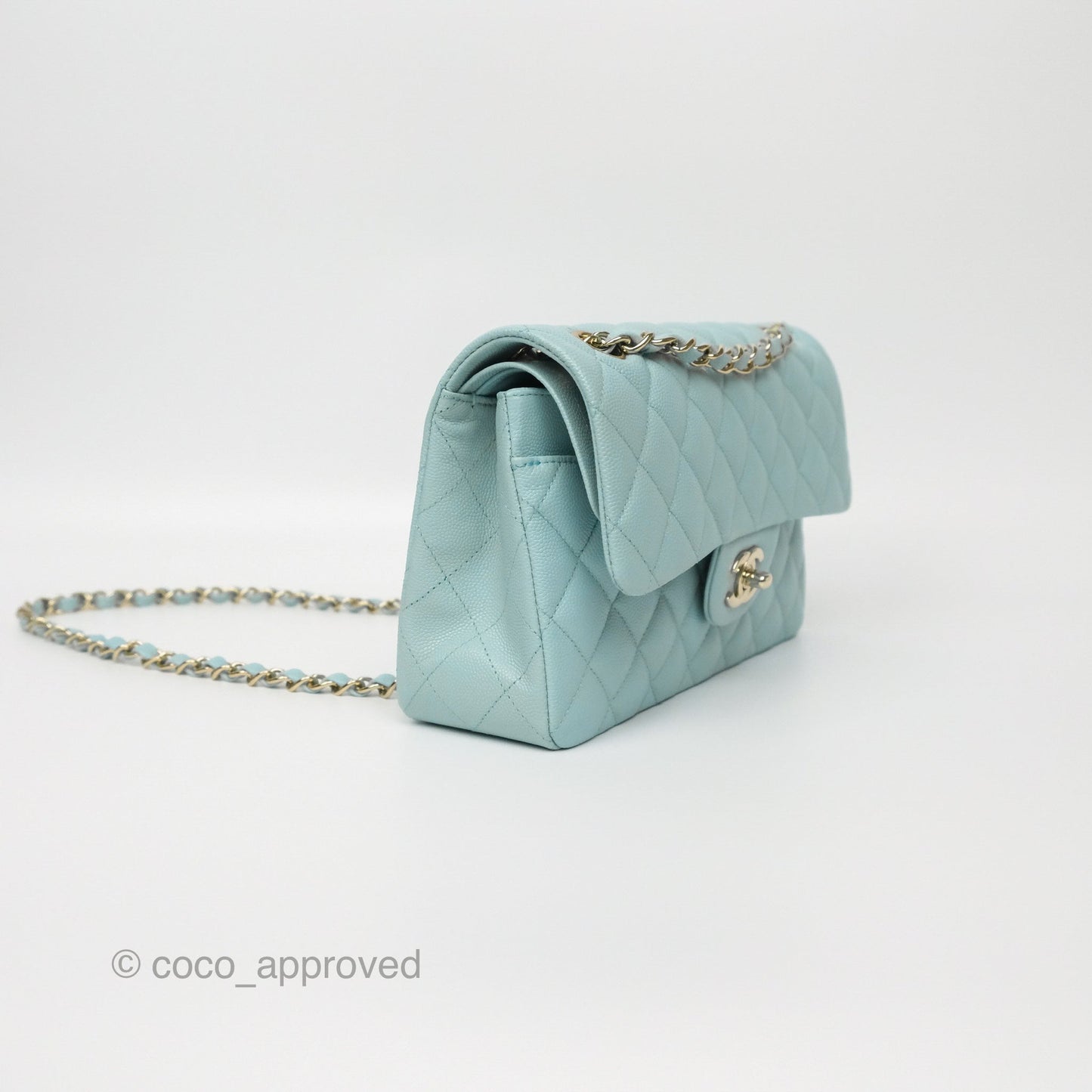 Chanel Small S/M Classic Flap Quilted Tiffany Blue Caviar Gold Hardware